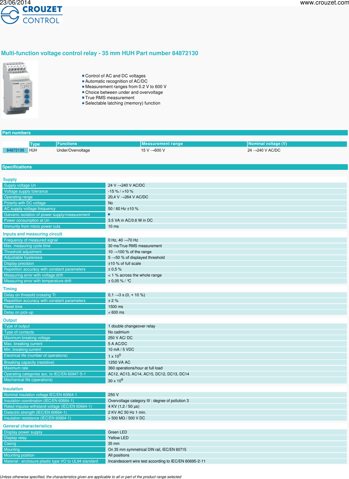 Page 1 of 5 - C-lynx-control-relays-voltage-control-multi-function-voltage-control-relay-35-mm-huh-Part Number-84872130