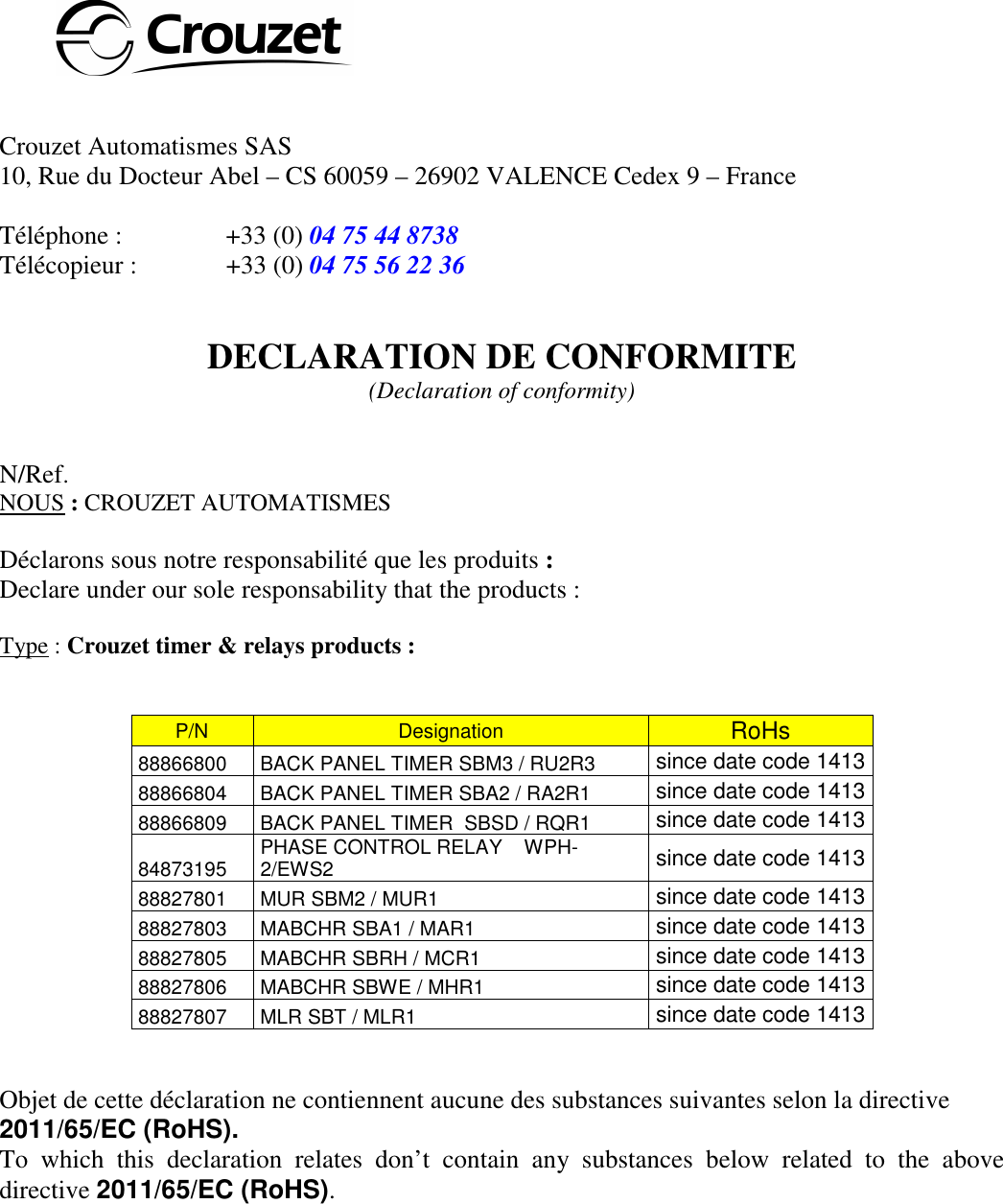 Page 1 of 2 - _products Eberle_RoHS2V1  Declaration Conformity Products Eberle Ro HS2V1