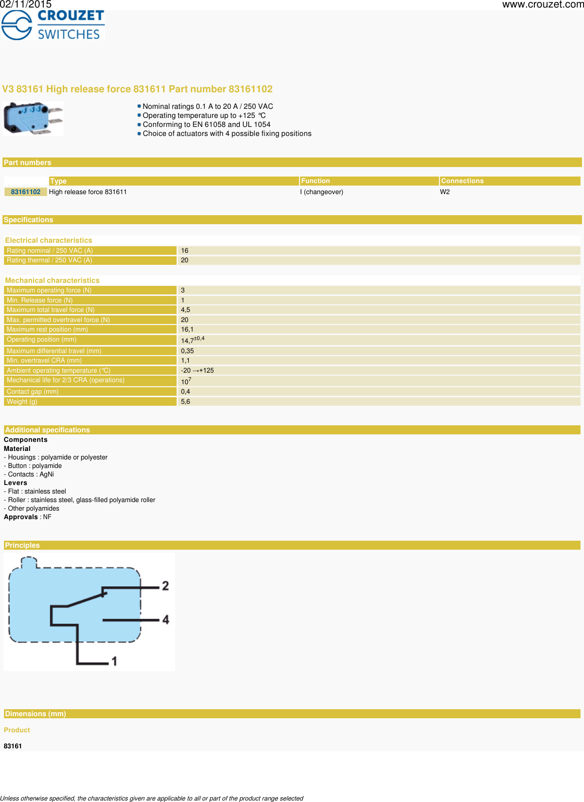 Page 1 of 10 - Micro-switches-miniature-v3-83161-high-release-force-831611-Part Number-83161102