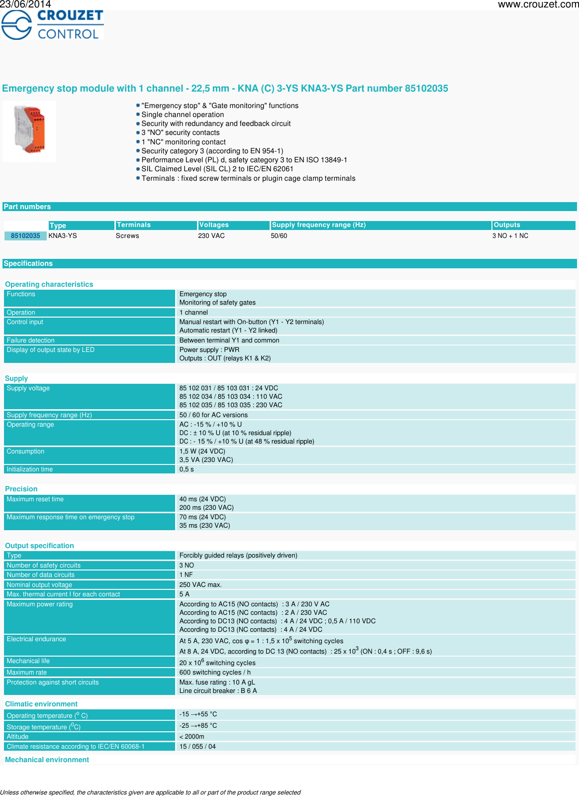 Page 1 of 5 - Safety-relays-new-safety-relays-emergency-stop-module-with-1-channel-22-5-mm-kna-c-3-ys-kna3-ys-Part Number-85102035