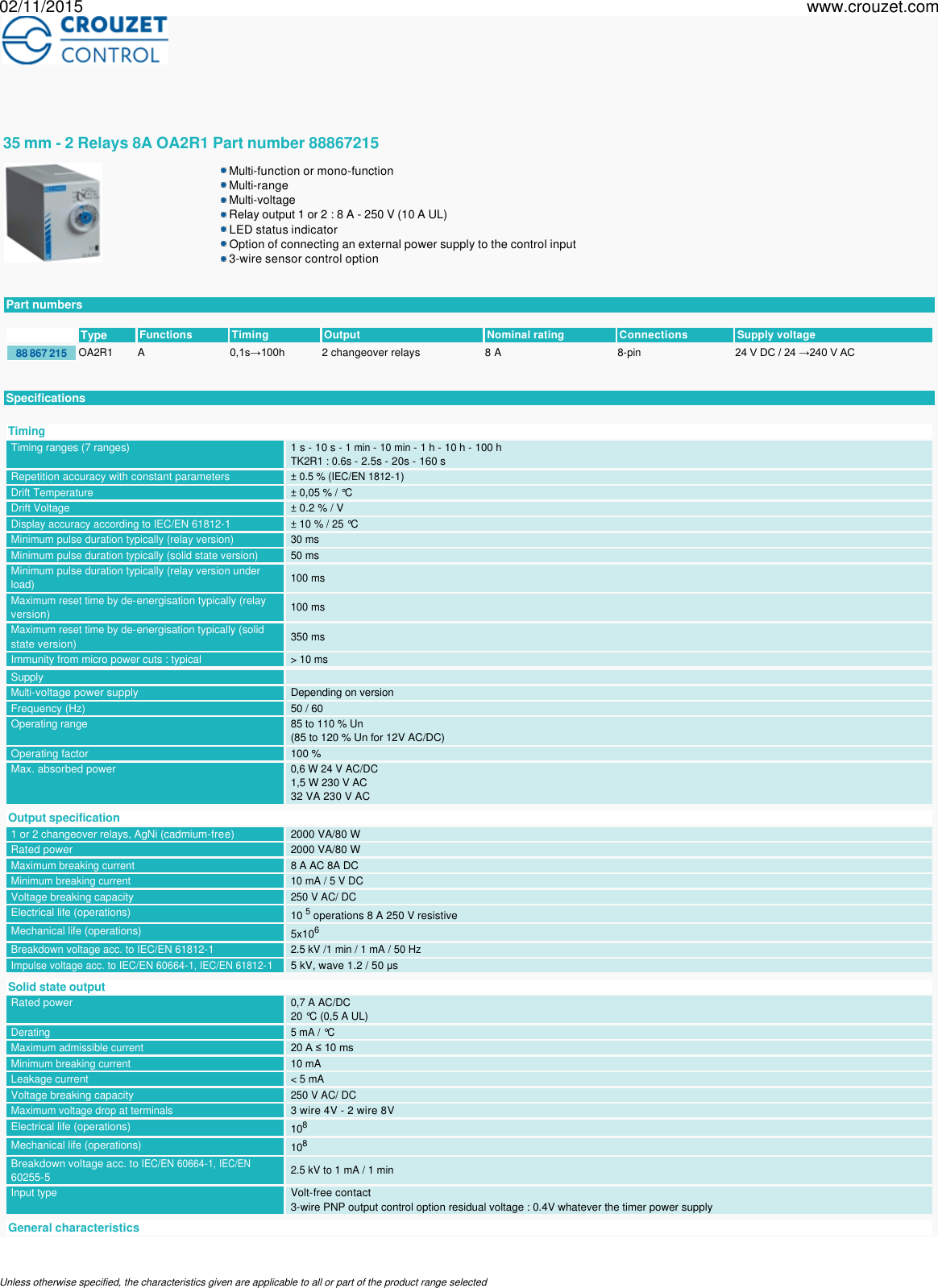 Page 1 of 3 - Timers-plug-in-35-mm-2-relays-8a-oa2r1-Part Number-88867215