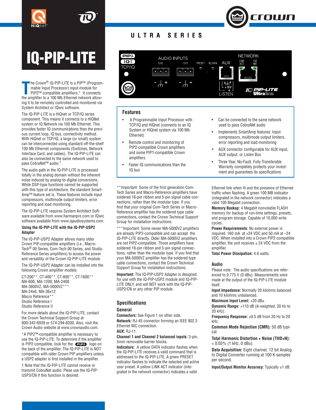 Page 1 of 2 - Crown-Audio Crown-Audio-Iq-Pip-Lite-Users-Manual- 135802-3C_7-05_iq-pip-lite_datasheet  Crown-audio-iq-pip-lite-users-manual