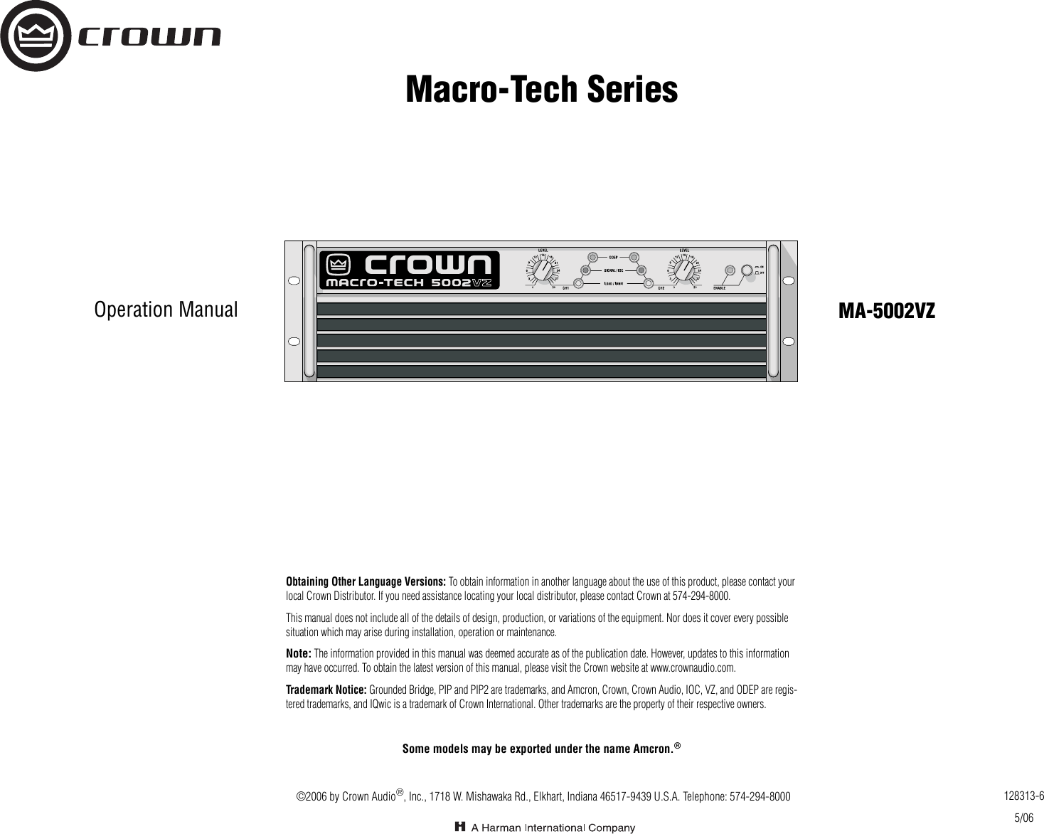 Crown Audio Ma 5002vz Users Manual 128313 6 5 06 Ma5002vz Operation