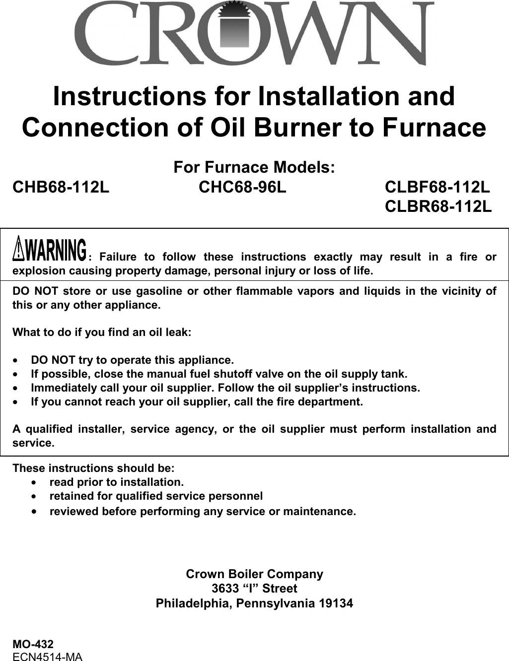 Page 1 of 6 - Crown-Boiler Crown-Boiler-Chb68-112L-Users-Manual-  Crown-boiler-chb68-112l-users-manual