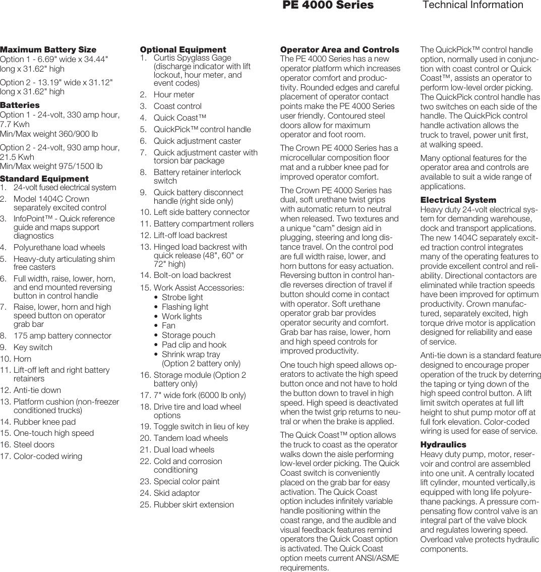 Page 4 of 6 - Crown-Equipment Crown-Equipment-Pe-4000-Series-Users-Manual- PE 4000 Series Specifications  Crown-equipment-pe-4000-series-users-manual