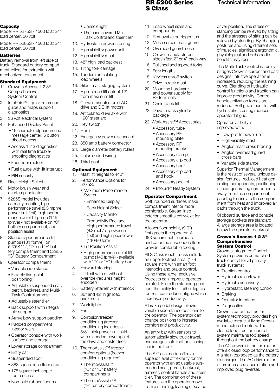 Crown Equipment Rr 5200 Series Users Manual S Class Product Specifications