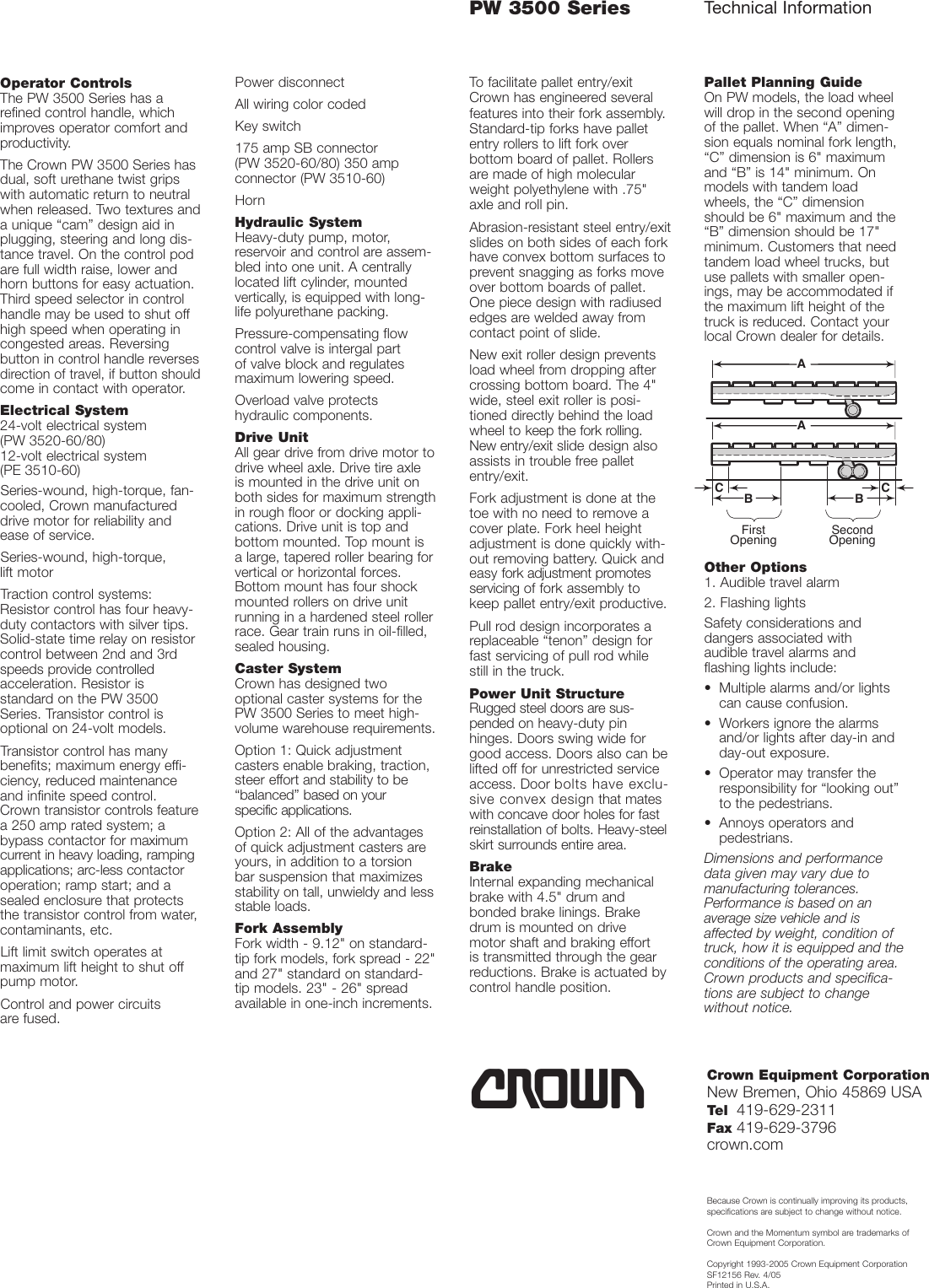 Page 4 of 4 - Crown-Equipment Crown-Equipment-Walkie-Pallet-Truck-Pw-3500-Users-Manual- PW 3500 Series Specifications  Crown-equipment-walkie-pallet-truck-pw-3500-users-manual