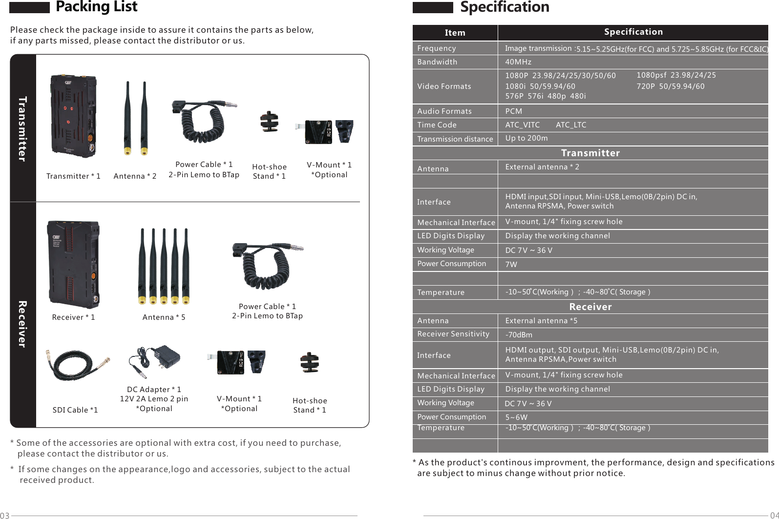 042-Pin Lemo to BTapSDI Cable *1Packing ListPlease check the package inside to assure it contains the parts as below, if any parts missed, please contact the distributor or us.Transmitter * 1  Antenna * 2 TransmitterPower Cable * 1  Hot-shoe Stand * 1 V-Mount * 1*Optional 2-Pin Lemo to BTapReceiver * 1  Antenna * 5 Hot-shoe Stand * 1 Power Cable * 1 V-Mount * 1*Optional DC Adapter * 112V 2A Lemo 2 pin*Optional Receiver* Some of the accessories are optional with extra cost, if you need to purchase,    please contact the distributor or us.*  If some changes on the appearance,logo and accessories, subject to the actual    received product.Frequency1080P  23.98/24/25/30/50/60 1080psf  23.98/24/251080i  50/59.94/60 720P  50/59.94/60576P  576i  480p  480i40MHzPCMATC_VITC ATC_LTCUp to 200mTransmitterAntenna External antenna * 2Working Voltage DC 7 V~36V7WTemperatureReceiverWorking VoltagePower Consumption 5~6WImage transmission：LED Digits Display V-mount, 1/4" fixing screw hole -10~50 C(Working）；-40~80 C( Storage）Item SpecificationBandwidthVideo FormatsAudio FormatsTime CodeTransmission distanceHDMI input,SDI input, Mini-USB,Lemo(0B/2pin) DC in, Antenna RPSMA, Power switchMechanical InterfacePower ConsumptionAntenna External antenna *5Receiver Sensitivity -70dBmHDMI output, SDI output, Mini-USB,Lemo(0B/2pin) DC in, Antenna RPSMA,Power switchMechanical Interface V-mount, 1/4" fixing screw hole Temperature -10~50 C(Working）；-40~80 C( Storage） InterfaceInterface* As the product's continous improvment, the performance, design and specifications   are subject to minus change without prior notice.SpecificationLED Digits Display Display the working channelDisplay the working channelDC 7 V~36V5.15~5.25GHz(for FCC) and 5.725~5.85GHz (for FCC&amp;IC). .
