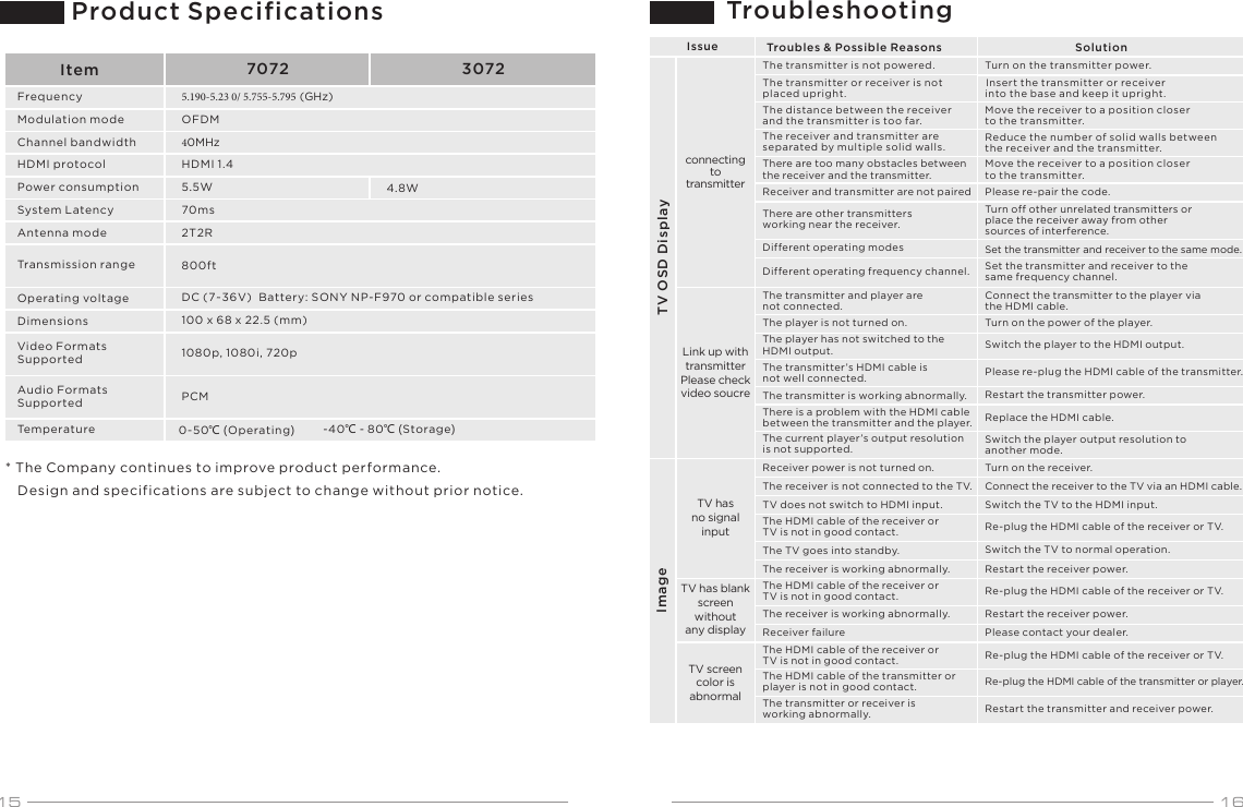 15 16HDMI protocolPower consumptionSystem LatencyAntenna modeTransmission rangeDimensionsTemperature70725.190-5.23 0/ 5.755-5.795 (GHz)40MHz5.5W70ms2T2R800ftHDMI 1.41080p, 1080i, 720pPCMChannel bandwidthModulation mode OFDMTV OSD Displayconnecting to transmitterThe transmitter or receiver is not placed upright.The distance between the receiver and the transmitter is too far.The receiver and transmitter are separated by multiple solid walls.There are too many obstacles between the receiver and the transmitter.Receiver and transmitter are not pairedThere are other transmitters working near the receiver.The transmitter and player are not connected.The player is not turned on.The player has not switched to the HDMI output.The transmitter&rsquo;s HDMI cable is not well connected.The transmitter is working abnormally.The current player&rsquo;s output resolution is not supported.The HDMI cable of the receiver or TV is not in good contact.The transmitter is not powered.Receiver power is not turned on.The receiver is not connected to the TV.TV does not switch to HDMI input.The HDMI cable of the receiver or TV is not in good contact.The TV goes into standby.The receiver is working abnormally.The HDMI cable of the receiver or TV is not in good contact.Receiver failureTurn on the transmitter power.Insert the transmitter or receiver into the base and keep it upright.Move the receiver to a position closer to the transmitter.Reduce the number of solid walls between the receiver and the transmitter.Move the receiver to a position closer to the transmitter.Please re-pair the code.Turn off other unrelated transmitters or place the receiver away from other sources of interference.Connect the transmitter to the player via the HDMI cable.Turn on the power of the player.Switch the player to the HDMI output.Please re-plug the HDMI cable of the transmitter.Restart the transmitter power.Switch the player output resolution to another mode.Turn on the receiver.Connect the receiver to the TV via an HDMI cable.Switch the TV to the HDMI input.Re-plug the HDMI cable of the receiver or TV.Switch the TV to normal operation.Restart the receiver power.Restart the receiver power.Please contact your dealer.TV has no signal inputTV has blank screen without any displayTV screen color is abnormalImageTroubleshootingDifferent operating modes Set the transmitter and receiver to the same mode.Different operating frequency channel. Set the transmitter and receiver to the same frequency channel.0-50℃ (Operating)100 x 68 x 22.5 (mm)Operating voltage DC (7~36V)  Battery: SONY NP-F970 or compatible seriesLink up withtransmitter Please check video soucre30724.8WItemProduct SpecificationsFrequencyVideo Formats SupportedAudio Formats Supported-40℃ - 80℃ (Storage)* The Company continues to improve product performance. Design and specifications are subject to change without prior notice.Troubles &amp; Possible Reasons SolutionIssueThere is a problem with the HDMI cable between the transmitter and the player. Replace the HDMI cable.Re-plug the HDMI cable of the receiver or TV.The receiver is working abnormally.Re-plug the HDMI cable of the receiver or TV.The HDMI cable of the transmitter or player is not in good contact. Re-plug the HDMI cable of the transmitter or player.The transmitter or receiver is working abnormally. Restart the transmitter and receiver power.