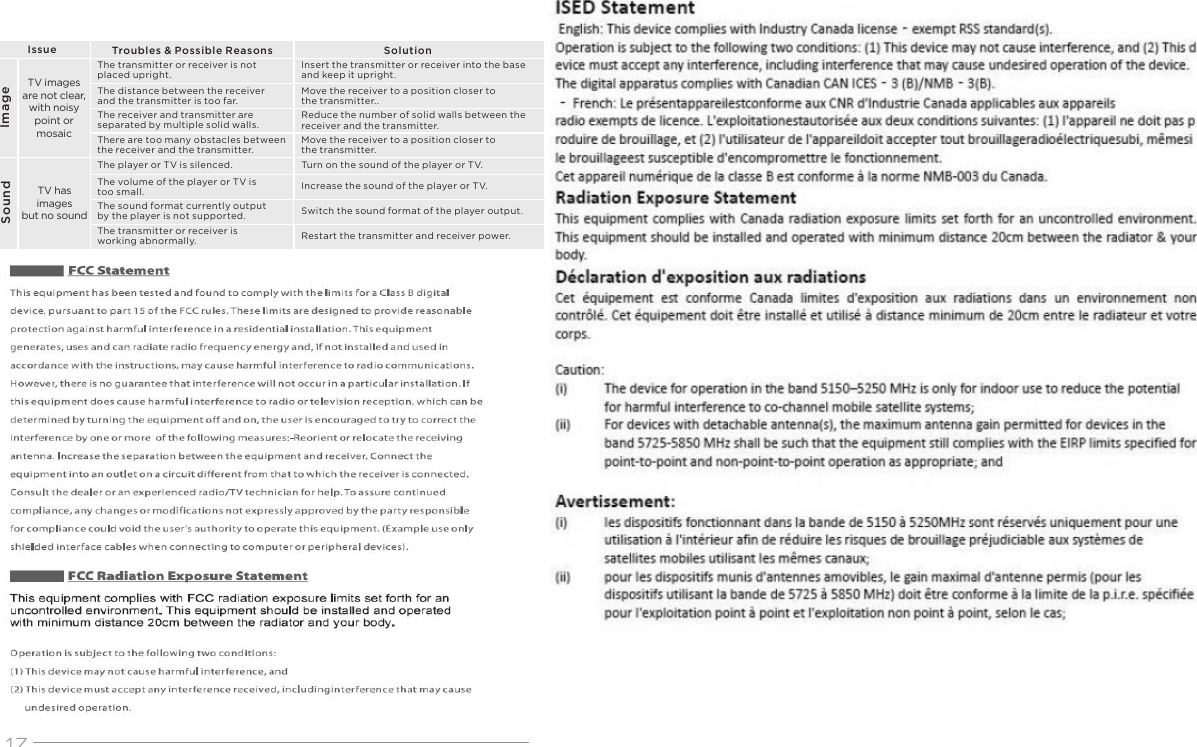 17This equipment complies with FCC RF radiation exposure limits set forth for an uncontrolled environment. This transmitter must not be co-located or operating in conjunction with any other antenna or transmitter. This equipment complies with Part 15 of the FCC Rules. Operation is subject to the following two conditions:(1) This device may not cause harmful interference, and (2) This device must accept any interference received, includinginterference that may cause undesired operation.This equipment has been tested and found to comply with the limits for a Class B digital device, pursuant to part 15 of the FCC rules. These limits are designed to provide reasonable protection against harmful interference in a residential installation. This equipment generates, uses and can radiate radio frequency energy and, if not installed and used in accordance with the instructions, may cause harmful interference to radio communications. However, there is no guarantee that interference will not occur in a particular installation. If this equipment does cause harmful interference to radio or television reception, which can be  determined by turning the equipment off and on, the user is encouraged to try to correct the interference by one or more  of the following measures:-Reorient or relocate the receiving antenna. Increase the separation between the equipment and receiver. Connect the equipment into an outlet on a circuit different from that to which the receiver is connected. Consult the dealer or an experienced radio/TV technician for help. To assure continued compliance, any changes or modifications not expressly approved by the party responsible for compliance could void the user's authority to operate this equipment. (Example use only shielded interface cables when connecting to computer or peripheral devices).FCC StatementThe manufacturer is not responsible for any radio or TV interference caused by unauthorized modifications to this equipment. Such modificationscould void the user authority to operate the equipment.FCC Radiation Exposure Statement   Cautions! Troubles &amp; Possible Reasons SolutionIssueThe transmitter or receiver is not placed upright.ImageInsert the transmitter or receiver into the base and keep it upright.The distance between the receiver and the transmitter is too far.Move the receiver to a position closer to the transmitter..Reduce the number of solid walls between the receiver and the transmitter.The transmitter or receiver is working abnormally. Restart the transmitter and receiver power.The volume of the player or TV is too small.The sound format currently output by the player is not supported.Increase the sound of the player or TV.Switch the sound format of the player output.The player or TV is silenced. Turn on the sound of the player or TV.TV images are not clear, with noisy point or mosaicThe receiver and transmitter are separated by multiple solid walls.There are too many obstacles between the receiver and the transmitter.Move the receiver to a position closer to the transmitter.TV has images but no soundSound