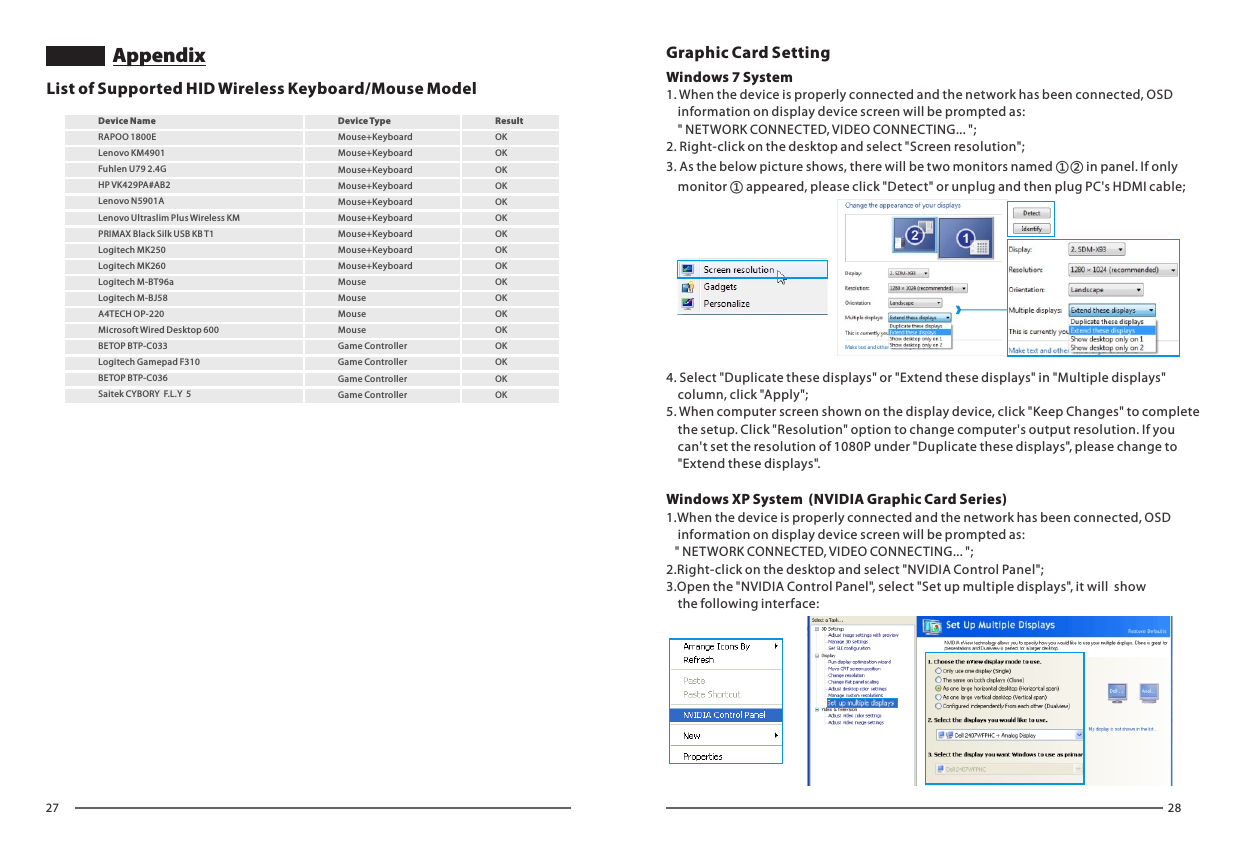 27 28List of Supported HID Wireless Keyboard/Mouse Model Mouse+KeyboardMouse+KeyboardMouse+KeyboardMouse+KeyboardMouse+KeyboardMouse+KeyboardMouse+KeyboardMouse+KeyboardMouse+KeyboardMouseMouseMouseMouseGame Controller Game Controller Game Controller Game Controller ResultOKOKOKOKOKOKOKOKOKOKOKOKOKOKOKOKOKDevice Name Device Type RAPOO 1800E               Lenovo KM4901                   Fuhlen U79 2.4G                  HP VK429PA#AB2 Lenovo N5901ALenovo Ultraslim Plus Wireless KM PRIMAX Black Silk USB KB T1   Logitech MK250  Logitech MK260  Logitech M-BT96a Logitech M-BJ58 A4TECH OP-220Microsoft Wired Desktop 600    BETOP BTP-C033Logitech Gamepad F310 BETOP BTP-C036 Saitek CYBORY  F.L.Y  5      1. When the device is properly connected and the network has been connected, OSD     information on display device screen will be prompted as:     " NETWORK CONNECTED, VIDEO CONNECTING... ";2. Right-click on the desktop and select "Screen resolution";3. As the below picture shows, there will be two monitors named ①② in panel. If only     monitor ① appeared, please click "Detect" or unplug and then plug PC's HDMI cable;4. Select "Duplicate these displays" or "Extend these displays" in "Multiple displays"     column, click "Apply";5. When computer screen shown on the display device, click "Keep Changes" to complete    the setup. Click "Resolution" option to change computer's output resolution. If you     can't set the resolution of 1080P under "Duplicate these displays", please change to     "Extend these displays".1.When the device is properly connected and the network has been connected, OSD     information on display device screen will be prompted as:    " NETWORK CONNECTED, VIDEO CONNECTING... ";2.Right-click on the desktop and select "NVIDIA Control Panel";3.Open the "NVIDIA Control Panel", select "Set up multiple displays", it will  show     the following interface:Windows 7 SystemWindows XP System  (NVIDIA Graphic Card Series)Graphic Card SettingAppendix