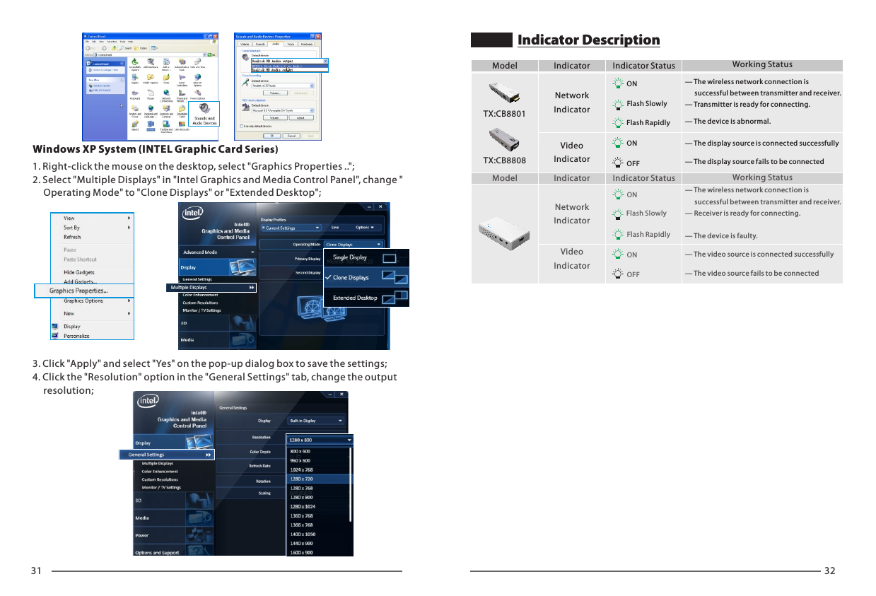 31 32Indicator DescriptionWindows XP System (INTEL Graphic Card Series)1. Right-click the mouse on the desktop, select "Graphics Properties ..";2. Select "Multiple Displays" in "Intel Graphics and Media Control Panel", change "     Operating Mode" to "Clone Displays" or "Extended Desktop";3. Click "Apply" and select "Yes" on the pop-up dialog box to save the settings;4. Click the "Resolution" option in the "General Settings" tab, change the output      resolution;ONOFFONFlash RapidlyFlash SlowlyTX:CB8801TX:CB8808&mdash; The display source is connected successfully&mdash; The display source fails to be connectedNetworkIndicatorVideoIndicatorModel Indicator Indicator Status Working Status&mdash; The wireless network connection is       successful between transmitter and receiver.&mdash; Transmitter is ready for connecting.&mdash; The device is abnormal.ONONOFFFlash Rapidly&mdash; The video source is connected successfully&mdash; The video source fails to be connectedNetworkIndicatorVideoIndicatorModel Indicator Indicator Status Working StatusFlash Slowly&mdash; The wireless network connection is       successful between transmitter and receiver.&mdash; Receiver is ready for connecting.&mdash; The device is faulty.