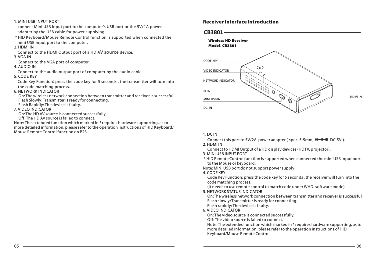 05 06    connect Mini USB input port to the computer&rsquo;s USB port or the 5V/1A power     adapter by the USB cable for power supplying. * HID Keyboard/Mouse Remote Control function is supported when connected the     mini USB input port to the computer.    Connect to the HDMI Output port of a HD AV source device.       Connect to the VGA port of computer.     Connect to the audio output port of computer by the audio cable.    Code Key Function: press the code key for 5 seconds , the transmitter will turn into    the code matching process.1. MINI USB INPUT PORT 2. HDMI IN 3. VGA IN4. AUDIO IN5. CODE KEY 6. NETWORK INDICATOR     On: The wireless network connection between transmitter and receiver is successful .     Flash Slowly: Transmitter is ready for connecting.     Flash Rapidly: The device is faulty.      On: The HD AV source is connected successfully.     Off: The HD AV source is failed to connect.Note: The extended function which marked in * requires hardware supporting, as to more detailed information, please refer to the operation instructions of HID Keyboard/Mouse Remote Control function on P23.7. VIDEO INDICATOR    CB3801Wireless HD ReceiverModel: CB3801MINI USB INDC  INIR  INNETWORK INDICATORVIDEO INDICATORHDMI INCODE KEYReceiver Interface Introduction1. DC IN2. HDMI IN 3. MINI USB INPUT PORT   4. CODE KEY5. NETWORK STATUS INDICATOR6. VIDEO INDICATOR     Connect this port to 5V/2A  power adapter ( spec: 5.5mm,                   DC 5V ).     Connect to HDMI Output of a HD display devices (HDTV, projector). * HID Remote Control function is supported when connected the mini USB input port      to the Mouse or keyboard.Note: MINI USB port do not support power supply     Code Key Function: press the code key for 5 seconds , the receiver will turn into the      code matching process.     (It needs to use remote control to match code under WHDI software mode)     On:The wireless network connection between transmitter and receiver is successful .     Flash slowly: Transmitter is ready for connecting.     Flash rapidly: The device is faulty.     On: The video source is connected successfully.     Off: The video source is failed to connect.     Note: The extended function which marked in * requires hardware supporting, as to      more detailed information, please refer to the operation instructions of HID      Keyboard/Mouse Remote Control