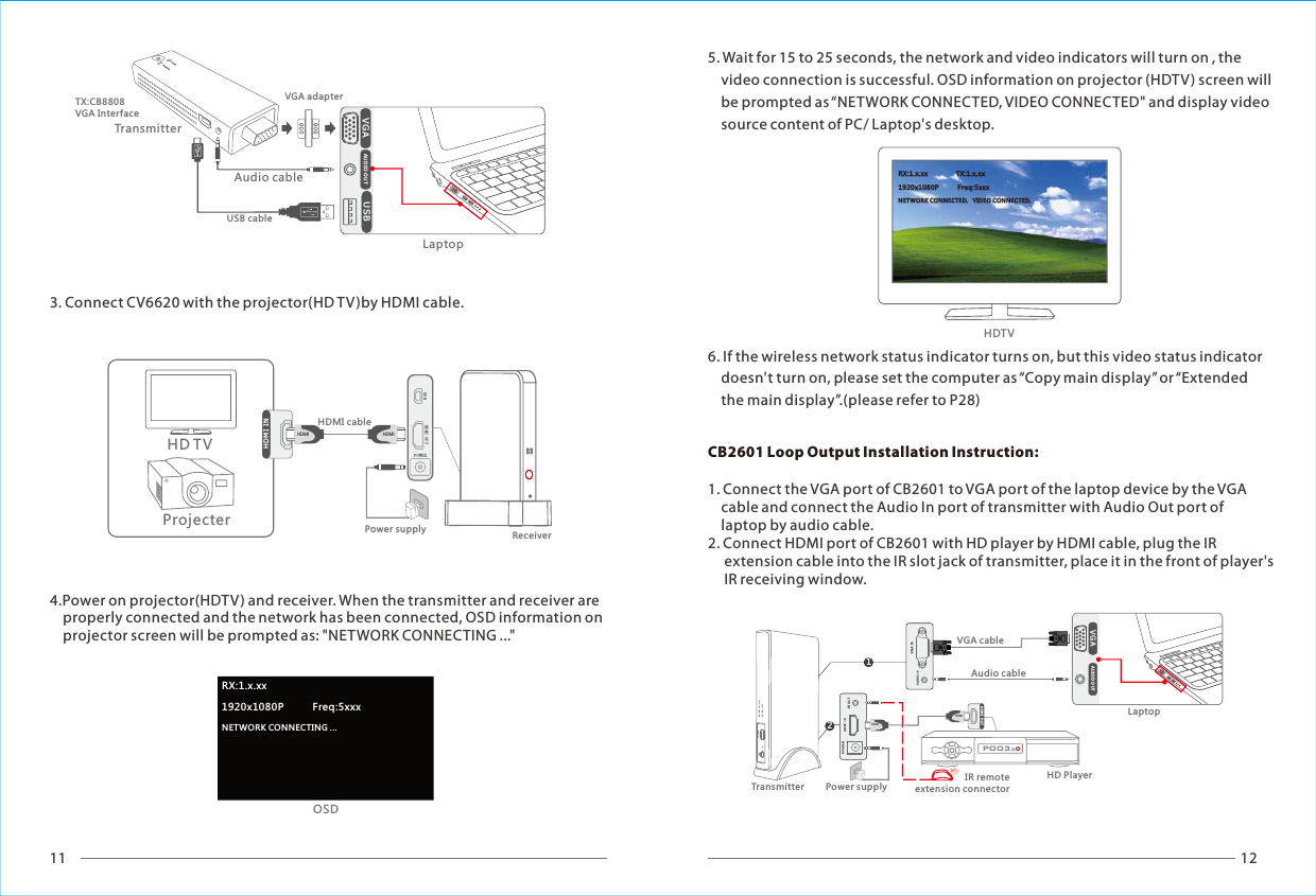 11 12USB HDMI OUTPOWERHDMIHD MI INReceiverHDMI cableProjecterHD TVHDMIVGA USBAU DIO O UTNetworkVideoLaptopVGA adapterUSB cableAudio cableTransmitterTX:CB8808VGA InterfaceRX:1.x.xx               1920x1080P          Freq:5xxxNETWORK CONNECTING ...OSD 5. Wait for 15 to 25 seconds, the network and video indicators will turn on , the    video connection is successful. OSD information on projector (HDTV) screen will    be prompted as &ldquo;NETWORK CONNECTED, VIDEO CONNECTED" and display video      source content of PC/ Laptop's desktop.RRXX::11..xx..xxxx                              TTXX::11..xx..xxxx11992200xx11008800PP                    FFrreeqq::55xxxxxxNNEETTWWOORRKK  CCOONNNNEECCTTEEDD..      VVIIDDEEOO  CCOONNNNEECCTTEEDD..      POO3HDMIHDM I OUTHDMIVIDEONETWORKH1V221VGA AUD IO O UTTransmitterVGA cableAudio cable3. Connect CV6620 with the projector(HD TV)by HDMI cable.4.Power on projector(HDTV) and receiver. When the transmitter and receiver are     properly connected and the network has been connected, OSD information on     projector screen will be prompted as: "NETWORK CONNECTING ..."6. If the wireless network status indicator turns on, but this video status indicator    doesn't turn on, please set the computer as &ldquo;Copy main display&rdquo; or &ldquo;Extended     the main display&rdquo;.(please refer to P28) CB2601 Loop Output Installation Instruction:1. Connect the VGA port of CB2601 to VGA port of the laptop device by the VGA     cable and connect the Audio In port of transmitter with Audio Out port of     laptop by audio cable. 2. Connect HDMI port of CB2601 with HD player by HDMI cable, plug the IR      extension cable into the IR slot jack of transmitter, place it in the front of player's      IR receiving window.Power supplyPower supplyLaptopIR remote extension connectorHD PlayerHDTV