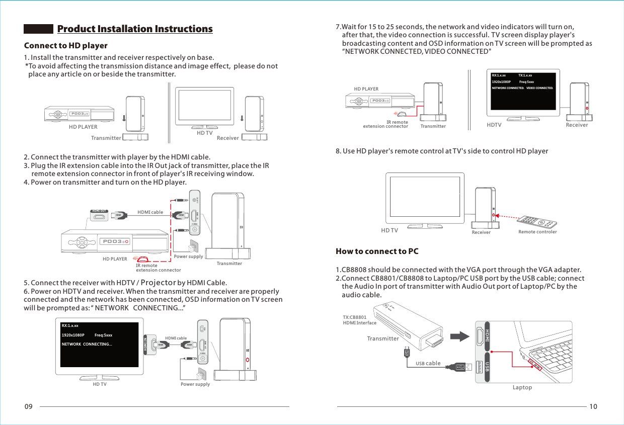 09 10POO3HD PLAYERTransmitter ReceiverHD TVHD MI I NPOWERPOO3HD MI O UTHDMIHDMIIR O UTTransmitterHD PLAYERHDMI cableUSB HDMI OUTPOWERHDMIHD MI I NHDMIHDMI cableRX:1.x.xx1920x1080P          Freq:5xxxNETWORK  CONNECTING...NetworkVideoHDMI  USBLaptopUSB cableTran smitterTX:CB8801HDMI InterfaceHDTVPOO3RX:1.x.xx               TX:1.x.xxCONNECTED.   1920x1080P          Freq:5xxxNETWORK CONNECTED.   VIDEO HD TVRX:1.x.xx               TX:1.x.xxCONNECTED.   1920x1080P          Freq:5xxxNETWORKING CONNECTED.   VIDEO Receiver Remote controlerConnect to HD player1. Install the transmitter and receiver respectively on base. *To avoid affecting the transmission distance and image effect,  please do not    place any article on or beside the transmitter.2. Connect the transmitter with player by the HDMI cable.3. Plug the IR extension cable into the IR Out jack of transmitter, place the IR      remote extension connector in front of player's IR receiving window.4. Power on transmitter and turn on the HD player.5. Connect the receiver with HDTV / Projector by HDMI Cable.6. Power on HDTV and receiver. When the transmitter and receiver are properly connected and the network has been connected, OSD information on TV screen will be prompted as: &ldquo; NETWORK   CONNECTING...&rdquo;7.Wait for 15 to 25 seconds, the network and video indicators will turn on,    after that, the video connection is successful. TV screen display player's    broadcasting content and OSD information on TV screen will be prompted as    &ldquo;NETWORK CONNECTED, VIDEO CONNECTED"8. Use HD player's remote control at TV's side to control HD player1.CB8808 should be connected with the VGA port through the VGA adapter. 2.Connect CB8801/CB8808 to Laptop/PC USB port by the USB cable; connect     the Audio In port of transmitter with Audio Out port of Laptop/PC by the    audio cable.How to connect to PCProduct Installation InstructionsIR remote extension connectorPower supplyHD TV Power supplyTransmitterHD PLAYERIR remote extension connector Receiver