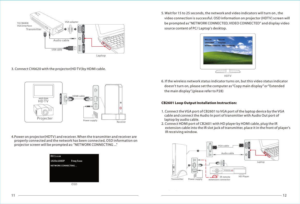 11 12USB HDMI OUTPOWERHDMIHD MI INReceiverHDMI cableProjecterHD TVHDMIVGA USBAU DIO O UTNetworkVideoLaptopVGA adapterUSB cableAudio cableTransmitterTX:CB8808VGA InterfaceRX:1.x.xx               1920x1080P          Freq:5xxxNETWORK CONNECTING ...OSD 5. Wait for 15 to 25 seconds, the network and video indicators will turn on , the    video connection is successful. OSD information on projector (HDTV) screen will    be prompted as &ldquo;NETWORK CONNECTED, VIDEO CONNECTED" and display video      source content of PC/ Laptop's desktop.RRXX::11..xx..xxxx                              TTXX::11..xx..xxxx11992200xx11008800PP                    FFrreeqq::55xxxxxxNNEETTWWOORRKK  CCOONNNNEECCTTEEDD..      VVIIDDEEOO  CCOONNNNEECCTTEEDD..      POO3HDMIHDMI OUTHDMIVIDEONETWORKH1V221VGA AUD IO O UTTransmitterVGA cableAudio cable3. Connect CV6620 with the projector(HD TV)by HDMI cable.4.Power on projector(HDTV) and receiver. When the transmitter and receiver are     properly connected and the network has been connected, OSD information on     projector screen will be prompted as: "NETWORK CONNECTING ..."6. If the wireless network status indicator turns on, but this video status indicator    doesn't turn on, please set the computer as &ldquo;Copy main display&rdquo; or &ldquo;Extended     the main display&rdquo;.(please refer to P28) CB2601 Loop Output Installation Instruction:1. Connect the VGA port of CB2601 to VGA port of the laptop device by the VGA     cable and connect the Audio In port of transmitter with Audio Out port of     laptop by audio cable. 2. Connect HDMI port of CB2601 with HD player by HDMI cable, plug the IR      extension cable into the IR slot jack of transmitter, place it in the front of player's      IR receiving window.Power supplyPower supplyLaptopIR remote extension connectorHD PlayerHDTV