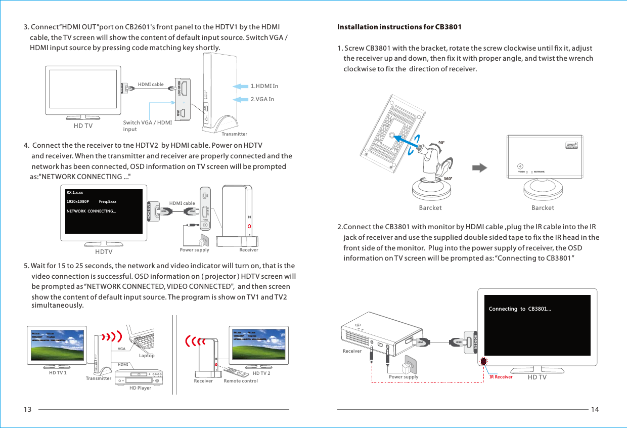 13 14USB HDMI OUTPOWERHDMIHDMI OUTHDMIRX:1.x.xx1920x1080P          Freq:5xxxNETWORK  CONNECTING...VIDEONETWORKH1V2HD PlayerRX:1 .x.xx               TX: 1.x. xx1920x1080P          Fre q:5x xxNET WORK CO NNECT ED.   VIDE O CONNE CTED.   Remote controlRX:1 .x.xx               TX: 1.x. xx1920x1080P          Fre q:5x xxNET WORK CO NNECT ED.   VIDE O CONNE CTED.   VGAHDMIVIDEONETWORKH1V2HD MI O UT USBHDMIHDM I OUTHDMITransmitterHD TVHDMI cable 1.HDMI In2.VGA In90&deg;360&deg;VIDEO NETWORKBarcket BarcketHD MI I NHDMIHD TVConnecting  to  CB3801... HDMIIR ReceiverReceiver3. Connect&ldquo;HDMI OUT&rdquo;port on CB2601's front panel to the HDTV1 by the HDMI     cable, the TV screen will show the content of default input source. Switch VGA /     HDMI input source by pressing code matching key shortly.4.  Connect the the receiver to tne HDTV2  by HDMI cable. Power on HDTV      and receiver. When the transmitter and receiver are properly connected and the      network has been connected, OSD information on TV screen will be prompted     as:"NETWORK CONNECTING ..."5. Wait for 15 to 25 seconds, the network and video indicator will turn on, that is the     video connection is successful. OSD information on ( projector ) HDTV screen will     be prompted as &ldquo;NETWORK CONNECTED, VIDEO CONNECTED",  and then screen      show the content of default input source. The program is show on TV1 and TV2      simultaneously.Installation instructions for CB38011. Screw CB3801 with the bracket, rotate the screw clockwise until fix it, adjust     the receiver up and down, then fix it with proper angle, and twist the wrench    clockwise to fix the  direction of receiver.2.Connect the CB3801 with monitor by HDMI cable ,plug the IR cable into the IR     jack of receiver and use the supplied double sided tape to fix the IR head in the     front side of the monitor.  Plug into the power supply of receiver, the OSD     information on TV screen will be prompted as: &ldquo;Connecting to CB3801&rdquo;HDMI cableHDTV Power supplyReceiverHD TV 1TransmitterHD TV 2 ReceiverLaptopPower supplySwitch VGA / HDMI input