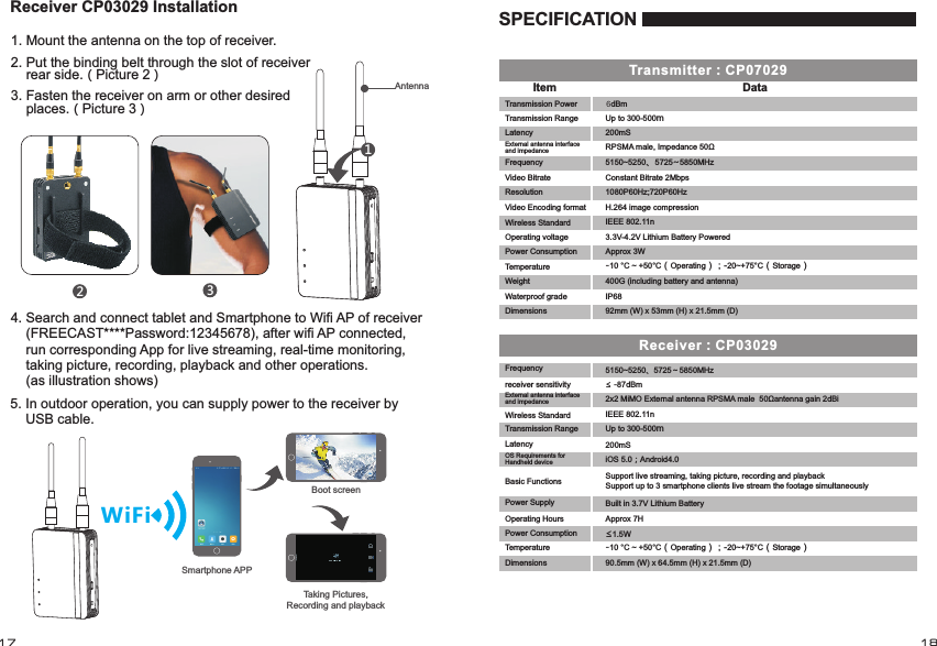 12:45 PM 100%WiFiDataItemTransmitter：CP070295150~5250、5725～5850MHzreceiver sensitivity &le; -87dBm 2x2 MiMO External antenna RPSMA male  50&Omega;antenna gain 2dBiIEEE 802.11n200mSOS Requirements for Handheld device  iOS 5.0；Android4.0Basic Functions Support live streaming, taking picture, recording and playbackSupport up to 3 smartphone clients live stream the footage simultaneouslyPower Supply Built in 3.7V Lithium BatteryOperating Hours Approx 7H&le;1.5WReceiver：CP0302990.5mm (W) x 64.5mm (H) x 21.5mm (D) 12:45 PM 100% 12:45 PM 100%Boot screenTaking Pictures, Recording and playbackSmartphone APPSPECIFICATION1. Mount the antenna on the top of receiver.2. Put the binding belt through the slot of receiver     rear side.（Picture 2）3. Fasten the receiver on arm or other desired     places.（Picture 3）1234. Search and connect tablet and Smartphone to Wifi AP of receiver     (FREECAST****Password:12345678), after wifi AP connected,     run corresponding App for live streaming, real-time monitoring,     taking picture, recording, playback and other operations.     (as illustration shows)5. In outdoor operation, you can supply power to the receiver by     USB cable.Receiver CP03029 InstallationAntenna DimensionsTransmission RangeLatencyExternal antenna interface and impedanceFrequency Power ConsumptionTemperatureWireless StandardUp to 300-500m-10 &deg;C ~ +50&deg;C（Operating）；-20~+75&deg;C（Storage）17 1892mm (W) x 53mm (H) x 21.5mm (D) DimensionsTransmission Power             6dBmTransmission Range Up to 300-500mLatency 200mSExternal antenna interface and impedanceFrequency 5150~5250、5725~5850MHzVideo Bitrate Constant Bitrate 2MbpsResolution 1080P60Hz;720P60HzOperating voltage 3.3V-4.2V Lithium Battery Powered Power Consumption Approx 3WTemperature -10 &deg;C ~ +50&deg;C（Operating）；-20~+75&deg;C（Storage）WeightWaterproof grade IP68400G (including battery and antenna) Video Encoding format H.264 image compressionRPSMA male, Impedance 50&Omega;IEEE 802.11nWireless Standard