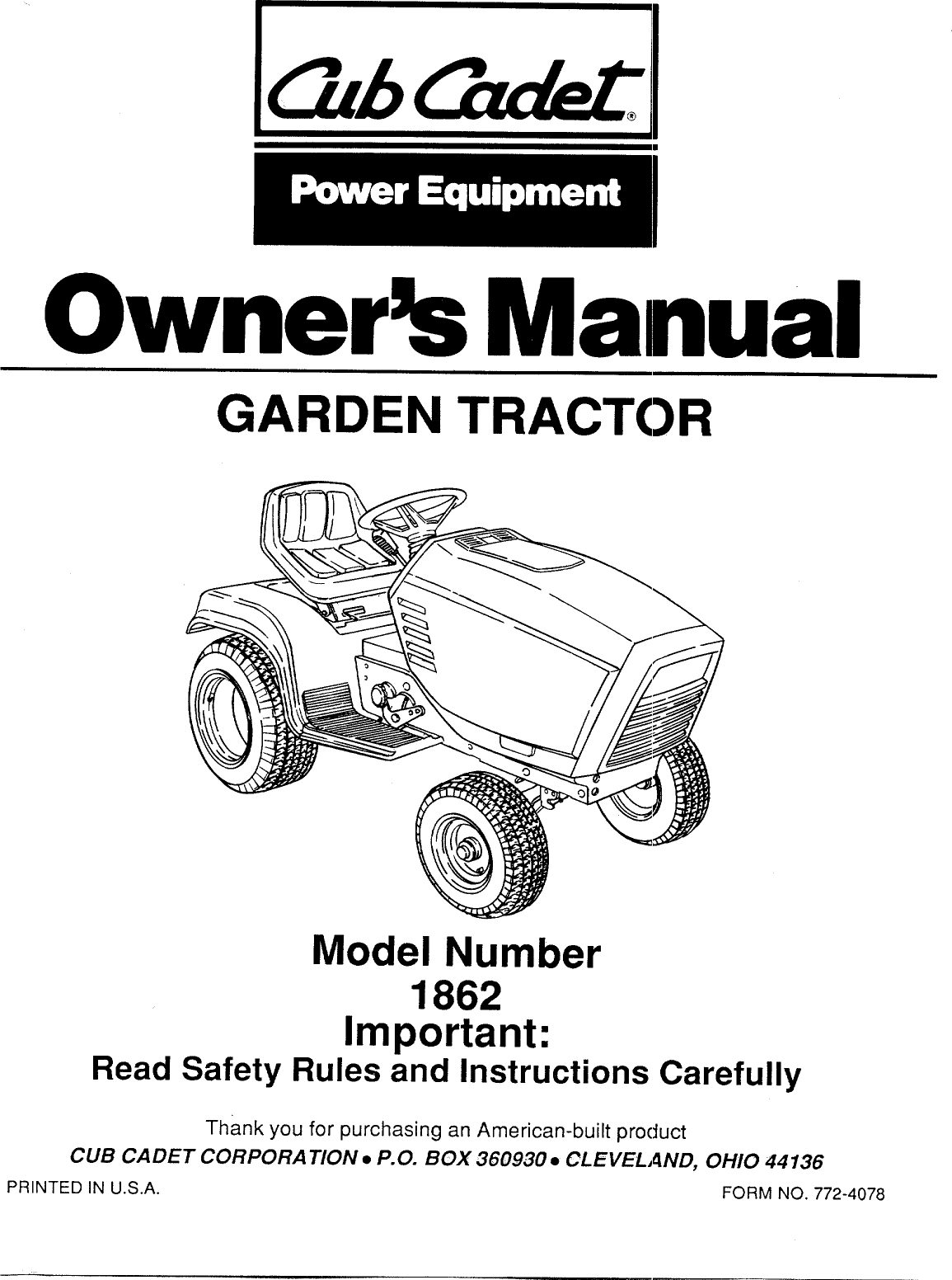 Cub Cadet Owners Manual Model No 1861-1862 