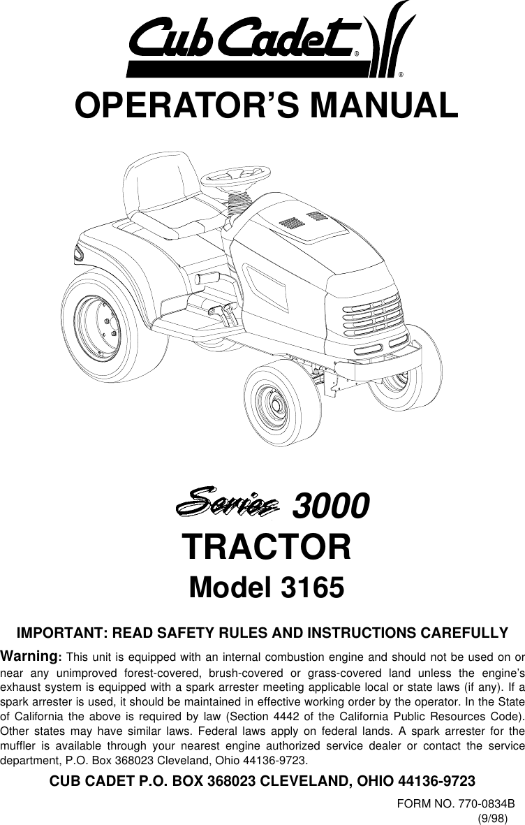 Cub Cadet 3165 Operators Manual