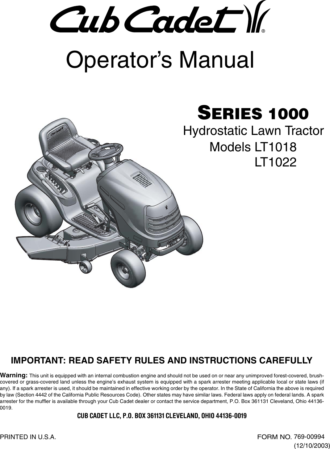 Cub Cadet Lt Operators Manual