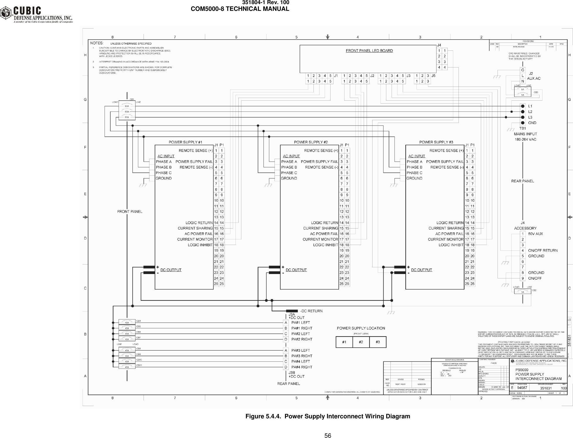     351804-1 Rev. 100     COM5000-8 TECHNICAL MANUAL         56  Figure 5.4.4.  Power Supply Interconnect Wiring Diagram 