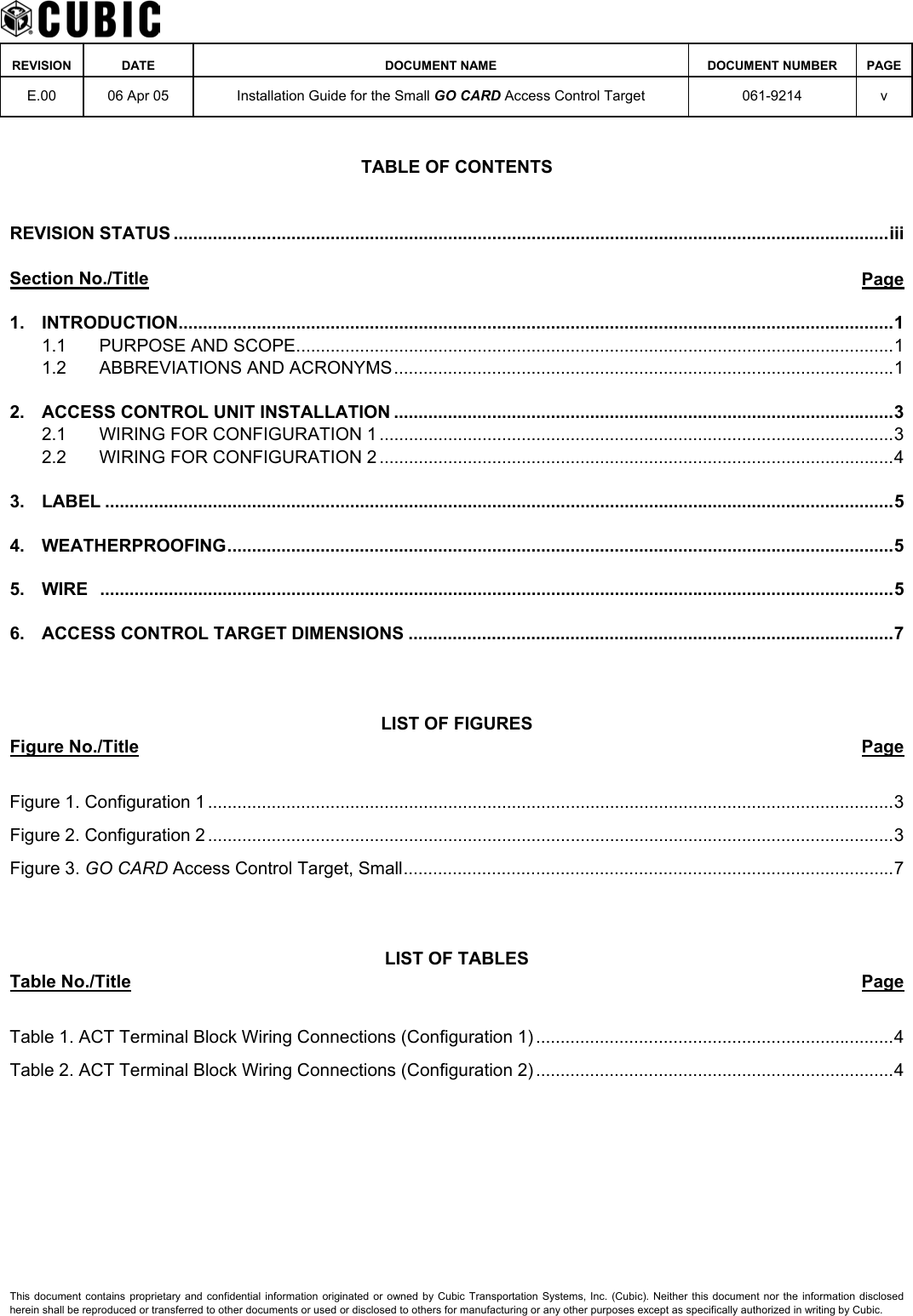    REVISION DATE  DOCUMENT NAME  DOCUMENT NUMBER  PAGE  E.00  06 Apr 05  Installation Guide for the Small GO CARD Access Control Target  061-9214 v  TABLE OF CONTENTS  REVISION STATUS ..................................................................................................................................................iii  Section No./Title Page 1. INTRODUCTION..................................................................................................................................................1 1.1 PURPOSE AND SCOPE..........................................................................................................................1 1.2 ABBREVIATIONS AND ACRONYMS......................................................................................................1 2. ACCESS CONTROL UNIT INSTALLATION ......................................................................................................3 2.1 WIRING FOR CONFIGURATION 1 .........................................................................................................3 2.2 WIRING FOR CONFIGURATION 2 .........................................................................................................4 3. LABEL .................................................................................................................................................................5 4. WEATHERPROOFING........................................................................................................................................5 5. WIRE ..................................................................................................................................................................5 6. ACCESS CONTROL TARGET DIMENSIONS ...................................................................................................7    LIST OF FIGURES Figure No./Title Page  Figure 1. Configuration 1 ............................................................................................................................................3 Figure 2. Configuration 2 ............................................................................................................................................3 Figure 3. GO CARD Access Control Target, Small....................................................................................................7    LIST OF TABLES Table No./Title Page  Table 1. ACT Terminal Block Wiring Connections (Configuration 1) .........................................................................4 Table 2. ACT Terminal Block Wiring Connections (Configuration 2) .........................................................................4  This document contains proprietary and confidential information originated or owned by Cubic Transportation Systems, Inc. (Cubic). Neither this document nor the information disclosed herein shall be reproduced or transferred to other documents or used or disclosed to others for manufacturing or any other purposes except as specifically authorized in writing by Cubic. 