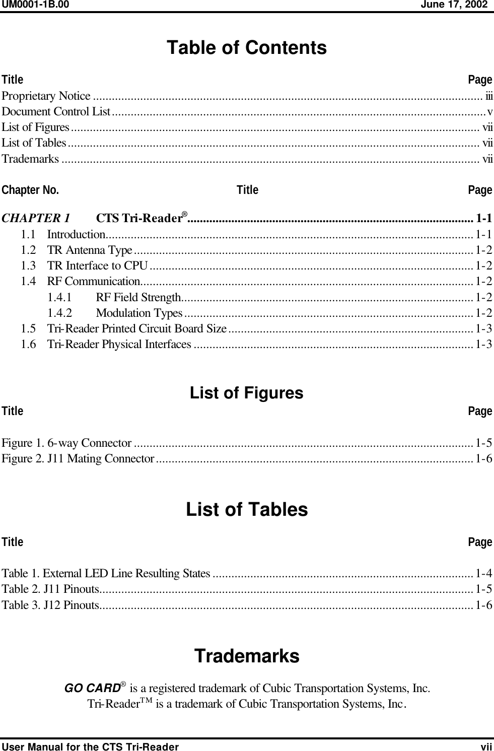 UM0001-1B.00 June 17, 2002 User Manual for the CTS Tri-Reader vii Table of Contents Title    Page Proprietary Notice ............................................................................................................................ iii Document Control List.......................................................................................................................v List of Figures.................................................................................................................................. vii List of Tables................................................................................................................................... vii Trademarks ..................................................................................................................................... vii  Chapter No. Title Page CHAPTER 1 CTS Tri-Reader®........................................................................................... 1-1 1.1  Introduction.....................................................................................................................1-1 1.2  TR Antenna Type............................................................................................................1-2 1.3  TR Interface to CPU.......................................................................................................1-2 1.4  RF Communication..........................................................................................................1-2 1.4.1  RF Field Strength.............................................................................................1-2 1.4.2  Modulation Types............................................................................................1-2 1.5  Tri-Reader Printed Circuit Board Size..............................................................................1-3 1.6  Tri-Reader Physical Interfaces .........................................................................................1-3   List of Figures Title    Page  Figure 1. 6-way Connector ............................................................................................................1-5 Figure 2. J11 Mating Connector.....................................................................................................1-6   List of Tables Title    Page  Table 1. External LED Line Resulting States ...................................................................................1-4 Table 2. J11 Pinouts.......................................................................................................................1-5 Table 3. J12 Pinouts.......................................................................................................................1-6   Trademarks GO CARD® is a registered trademark of Cubic Transportation Systems, Inc. Tri-ReaderTM is a trademark of Cubic Transportation Systems, Inc. 