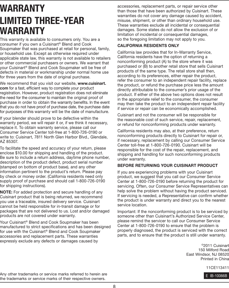 Page 10 of 10 - Cuisinart Cuisinart-Cuisinart-Blender-Blend-And-Cook-Soupmaker-Users-Manual- SBC1000 IB-10066B(LOW)[1]  Cuisinart-cuisinart-blender-blend-and-cook-soupmaker-users-manual