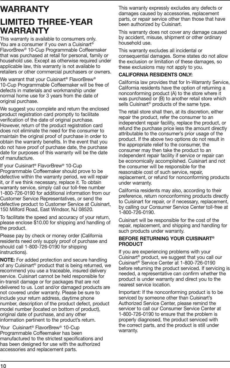 Page 10 of 12 - Cuisinart Cuisinart-Cuisinart-Coffeemaker-Cbc-1600-Users-Manual-  Cuisinart-cuisinart-coffeemaker-cbc-1600-users-manual