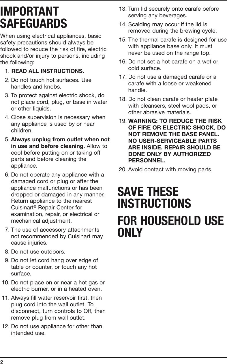 Page 2 of 12 - Cuisinart Cuisinart-Cuisinart-Coffeemaker-Cbc-1600-Users-Manual-  Cuisinart-cuisinart-coffeemaker-cbc-1600-users-manual