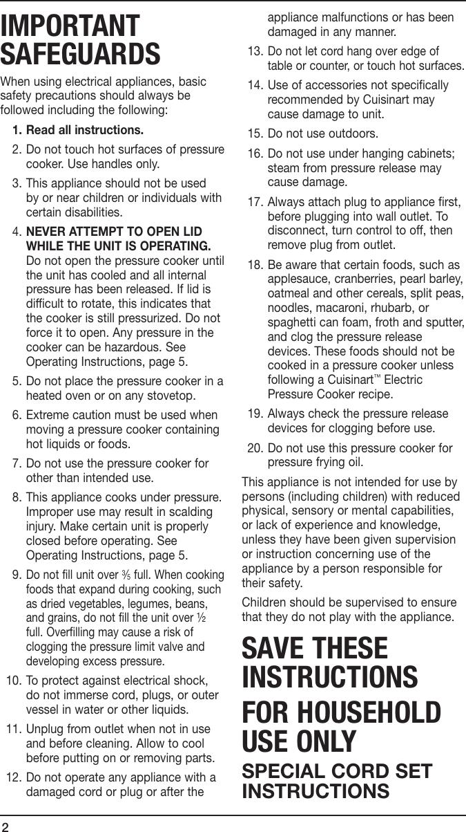 Page 2 of 9 - Cuisinart Cuisinart-Cuisinart-Electric-Pressure-Cooker-Cpc-600A-Users-Manual- 26677 CPC-600A IB  Cuisinart-cuisinart-electric-pressure-cooker-cpc-600a-users-manual