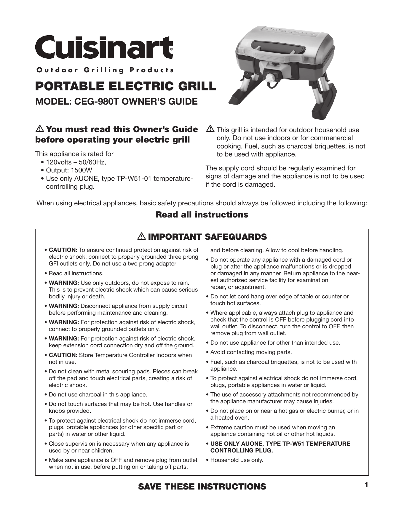 Page 1 of 7 - Cuisinart Cuisinart-Portable-Electric-Grill-Ceg-980T-Users-Manual- Cuisinart-portable-electric-grill-ceg-980t-users-manual