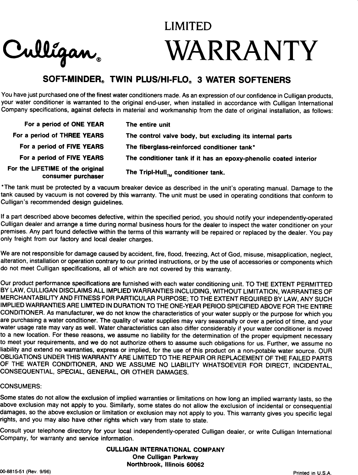 Page 4 of 9 - Culligan Culligan-Automatic-Water-Softeners-Users-Manual- Hi-Flo 3 Softeners  Culligan-automatic-water-softeners-users-manual