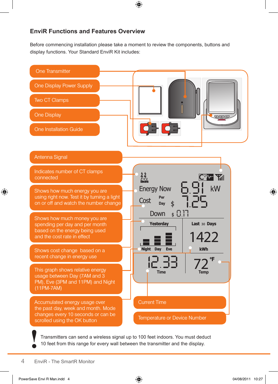 4EnviR - The SmartR MonitorBefore commencing installation please take a moment to review the components, buttons and  display functions. Your Standard EnviR Kit includes: One Transmitter One TransmitterTwo CT ClampsOne Display Power SupplyOne Installation GuideOne DisplayAntenna Signal Current TimeTemperature or Device NumberThis graph shows relative energy      usage between Day (7AM and 3      PM), Eve (3PM and 11PM) and Night    (11PM-7AM)Shows how much energy you are    using right now. Test it by turning a light    on or off and watch the number changeShows how much money you are      spending per day and per month      based on the energy being used      and the cost rate in effect  Indicates number of CT clamps    connected Accumulated energy usage over      the past day, week and month. Mode    changes every 10 seconds or can be    scrolled using the OK buttonShows cost change  based on a      recent change in energy useLast       DaysoFYesterdaykWhNightPerDayDay EveTempTime30kWEnergy NowElectricCost $721422Down$Transmitters can send a wireless signal up to 100 feet indoors. You must deduct  10 feet from this range for every wall between the transmitter and the display.!PowerSave Envi R Man.indd   4 04/08/2011   10:27