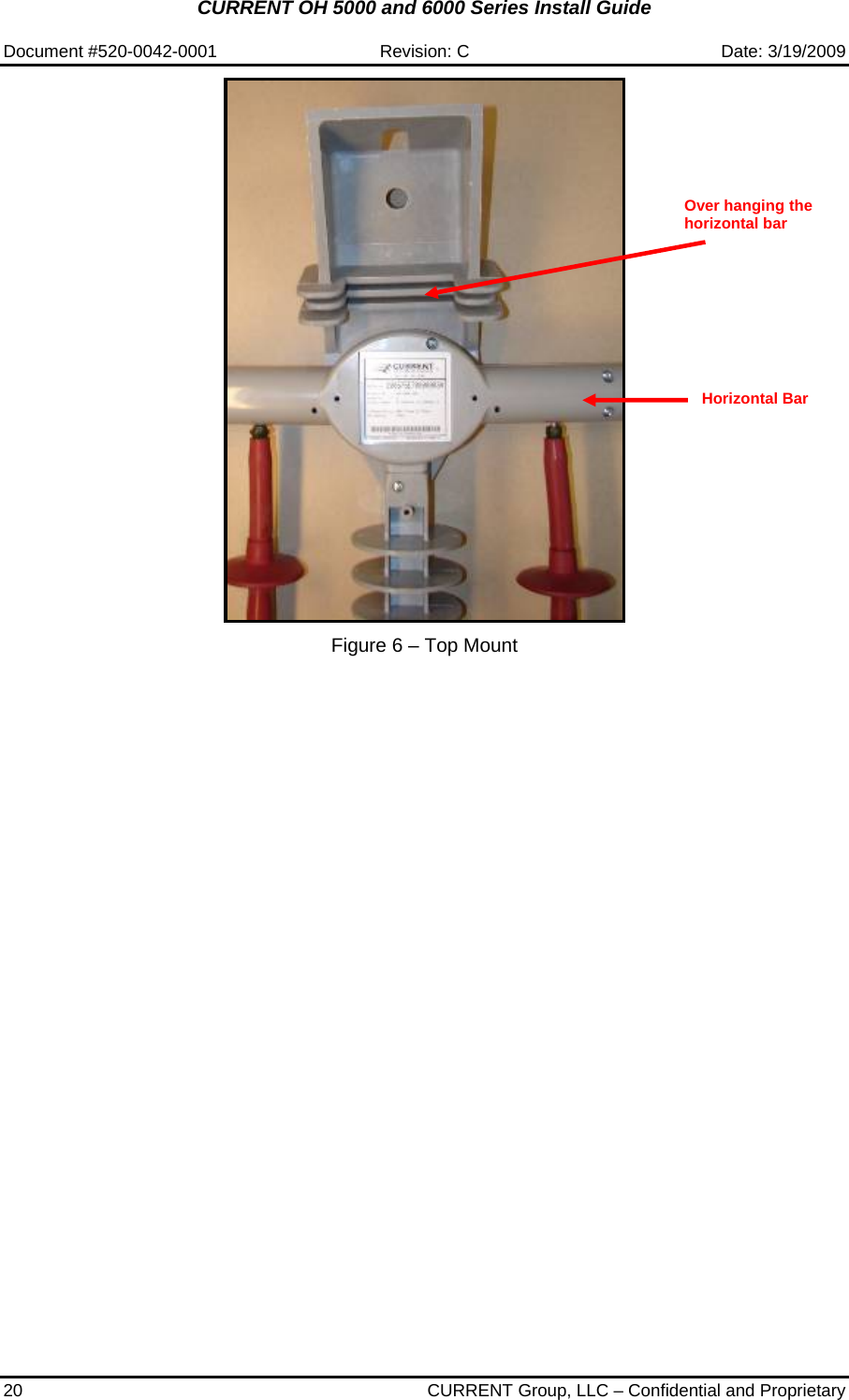 CURRENT OH 5000 and 6000 Series Install Guide  Document #520-0042-0001  Revision: C  Date: 3/19/2009 20  CURRENT Group, LLC – Confidential and Proprietary    Figure 6 – Top Mount  Over hanging the horizontal bar Horizontal Bar 