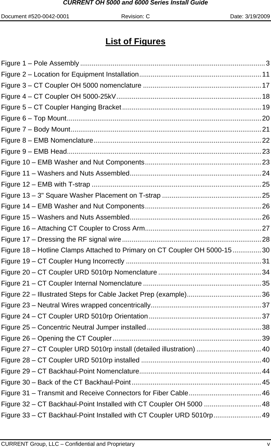 CURRENT OH 5000 and 6000 Series Install Guide  Document #520-0042-0001  Revision: C  Date: 3/19/2009  CURRENT Group, LLC – Confidential and Proprietary  v  List of Figures  Figure 1 – Pole Assembly .................................................................................................3 Figure 2 – Location for Equipment Installation................................................................11 Figure 3 – CT Coupler OH 5000 nomenclature ..............................................................17 Figure 4 – CT Coupler OH 5000-25kV............................................................................18 Figure 5 – CT Coupler Hanging Bracket.........................................................................19 Figure 6 – Top Mount......................................................................................................20 Figure 7 – Body Mount....................................................................................................21 Figure 8 – EMB Nomenclature........................................................................................22 Figure 9 – EMB Head......................................................................................................23 Figure 10 – EMB Washer and Nut Components.............................................................23 Figure 11 – Washers and Nuts Assembled.....................................................................24 Figure 12 – EMB with T-strap .........................................................................................25 Figure 13 – 3&quot; Square Washer Placement on T-strap ....................................................25 Figure 14 – EMB Washer and Nut Components.............................................................26 Figure 15 – Washers and Nuts Assembled.....................................................................26 Figure 16 – Attaching CT Coupler to Cross Arm.............................................................27 Figure 17 – Dressing the RF signal wire.........................................................................28 Figure 18 – Hotline Clamps Attached to Primary on CT Coupler OH 5000-15...............30 Figure 19 – CT Coupler Hung Incorrectly .......................................................................31 Figure 20 – CT Coupler URD 5010rp Nomenclature ......................................................34 Figure 21 – CT Coupler Internal Nomenclature ..............................................................35 Figure 22 – Illustrated Steps for Cable Jacket Prep (example).......................................36 Figure 23 – Neutral Wires wrapped concentrically..........................................................37 Figure 24 – CT Coupler URD 5010rp Orientation...........................................................37 Figure 25 – Concentric Neutral Jumper installed............................................................38 Figure 26 – Opening the CT Coupler..............................................................................39 Figure 27 – CT Coupler URD 5010rp install (detailed illustration) ..................................40 Figure 28 – CT Coupler URD 5010rp installed ...............................................................40 Figure 29 – CT Backhaul-Point Nomenclature................................................................44 Figure 30 – Back of the CT Backhaul-Point....................................................................45 Figure 31 – Transmit and Receive Connectors for Fiber Cable......................................46 Figure 32 – CT Backhaul-Point Installed with CT Coupler OH 5000 ..............................48 Figure 33 – CT Backhaul-Point Installed with CT Coupler URD 5010rp.........................49 