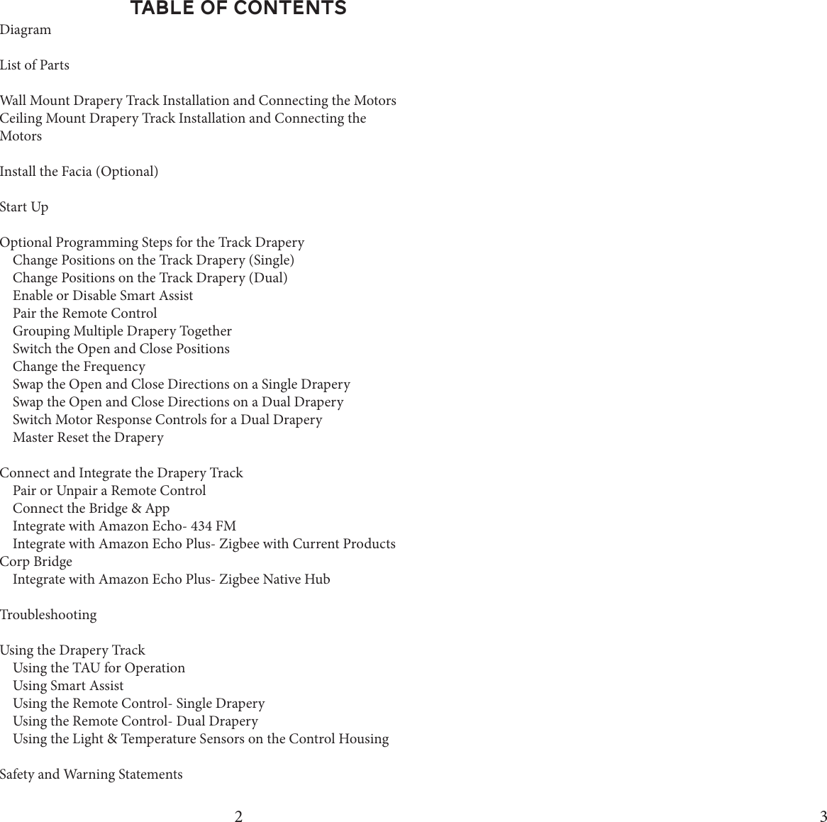 2 3TABLE OF CONTENTSDiagramList of PartsWall Mount Drapery Track Installation and Connecting the MotorsCeiling Mount Drapery Track Installation and Connecting the MotorsInstall the Facia (Optional)Start UpOptional Programming Steps for the Track Drapery    Change Positions on the Track Drapery (Single)    Change Positions on the Track Drapery (Dual)     Enable or Disable Smart Assist    Pair the Remote Control    Grouping Multiple Drapery Together    Switch the Open and Close Positions    Change the Frequency    Swap the Open and Close Directions on a Single Drapery    Swap the Open and Close Directions on a Dual Drapery    Switch Motor Response Controls for a Dual Drapery    Master Reset the DraperyConnect and Integrate the Drapery Track    Pair or Unpair a Remote Control    Connect the Bridge &amp; App    Integrate with Amazon Echo- 434 FM    Integrate with Amazon Echo Plus- Zigbee with Current Products Corp Bridge    Integrate with Amazon Echo Plus- Zigbee Native HubTroubleshootingUsing the Drapery Track    Using the TAU for Operation    Using Smart Assist    Using the Remote Control- Single Drapery    Using the Remote Control- Dual Drapery    Using the Light &amp; Temperature Sensors on the Control HousingSafety and Warning Statements