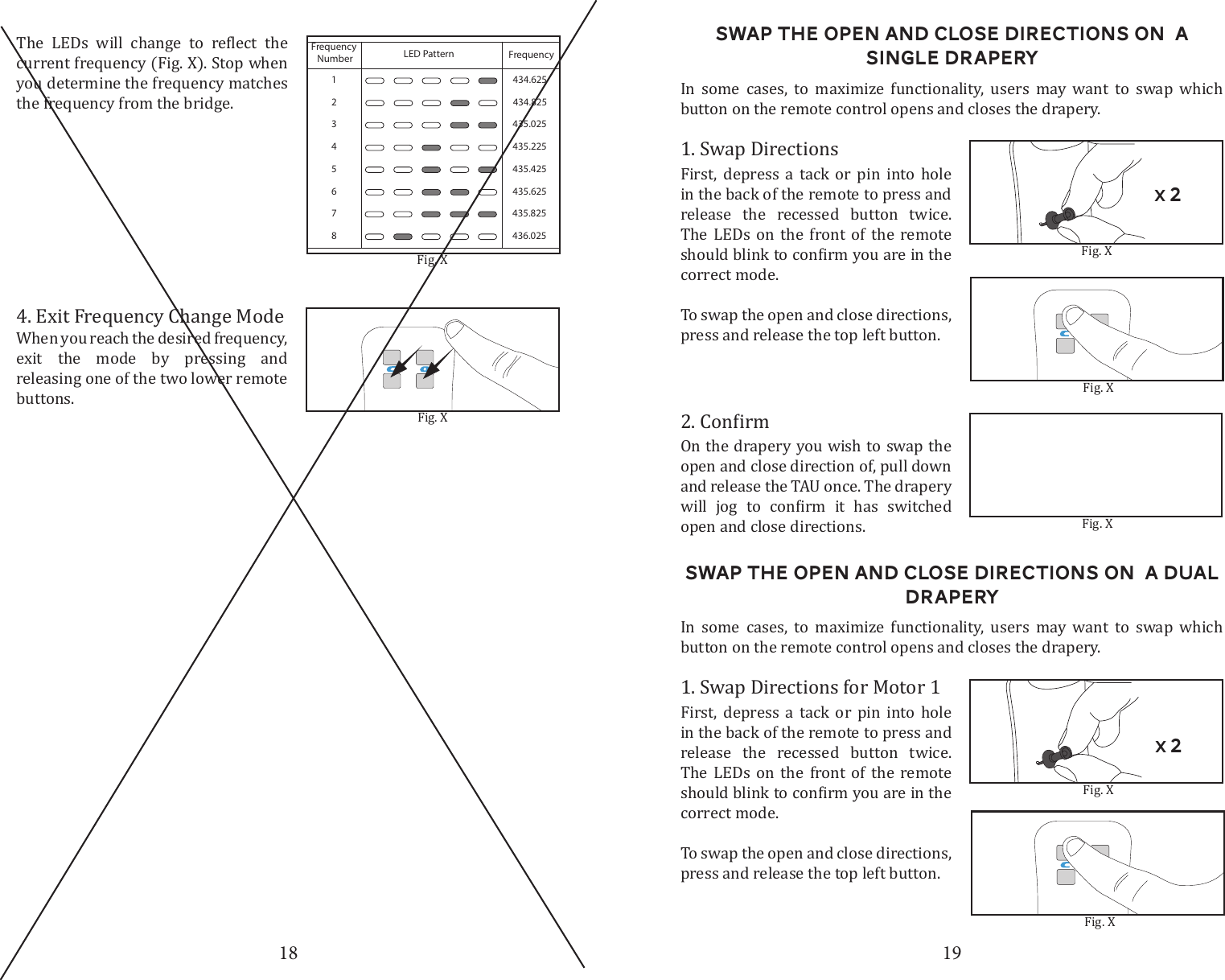 18 19434.625434.825435.025435.225435.425435.625435.825436.02512345678FrequencyLED PatternFrequency NumberFig. X      current frequency (Fig. X). Stop when  you determine the frequency matches the frequency from the bridge.4. Exit Frequency Change ModeWhen you reach the desired frequency, exit the mode by pressing and releasing one of the two lower remote buttons. Fig. XSwap the Open and Close Directions on  a single draperyIn some cases, to maximize functionality, users may want to swap which button on the remote control opens and closes the drapery. Fig. X1. Swap DirectionsFirst, depress a tack or pin into hole in the back of the remote to press and release the recessed button twice. The LEDs on the front of the remote correct mode. To swap the open and close directions, press and release the top left button.On the drapery you wish to swap the open and close direction of, pull down  and release the TAU once. The drapery       open and close directions. Fig. XSwap the Open and Close Directions on  a Dual draperyIn some cases, to maximize functionality, users may want to swap which button on the remote control opens and closes the drapery. Fig. X1. Swap Directions for Motor 1First, depress a tack or pin into hole in the back of the remote to press and release the recessed button twice. The LEDs on the front of the remote correct mode. To swap the open and close directions, press and release the top left button.Fig. XFig. Xx 2x 2