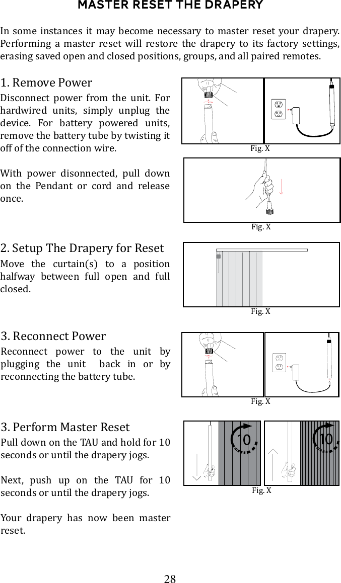 28Master Reset the Drapery2. Setup The Drapery for ResetMove the curtain(s) to a position halfway between full open and full closed. Fig. X3. Reconnect PowerReconnect power to the unit by plugging the unit  back in or by reconnecting the battery tube. Fig. XIn some instances it may become necessary to master reset your drapery. Performing a master reset will restore the drapery to its factory settings, erasing saved open and closed positions, groups, and all paired remotes. 3. Perform Master Resetseconds or until the drapery jogs.       seconds or until the drapery jogs. Your drapery has now been master reset.Fig. XFig. X1. Remove PowerDisconnect power from the unit. For hardwired units, simply unplug the device. For battery powered units, remove the battery tube by twisting it off of the connection wire.With power disonnected, pull down on the Pendant or cord and release once. Fig. X