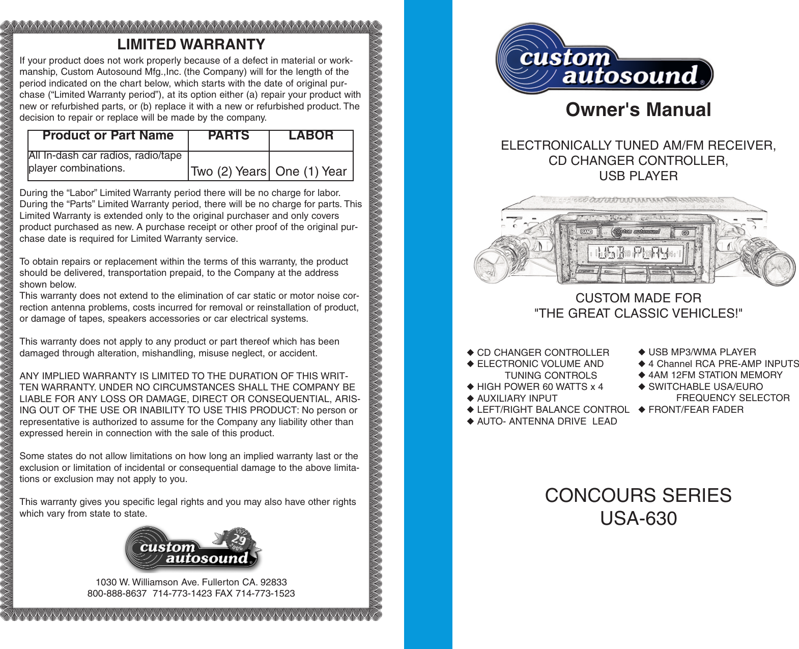 Page 1 of 8 - Custom-Autosound-Manufacturing Custom-Autosound-Manufacturing-Usa-630-Users-Manual- Usa-630  Custom-autosound-manufacturing-usa-630-users-manual