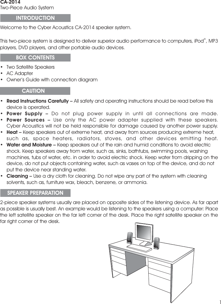 Page 3 of 12 - Cyber-Acoustics Cyber-Acoustics-Amplified-Speaker-System-Ca-2014-Users-Manual- Ca2014 Manual_3rd.FH9  Cyber-acoustics-amplified-speaker-system-ca-2014-users-manual
