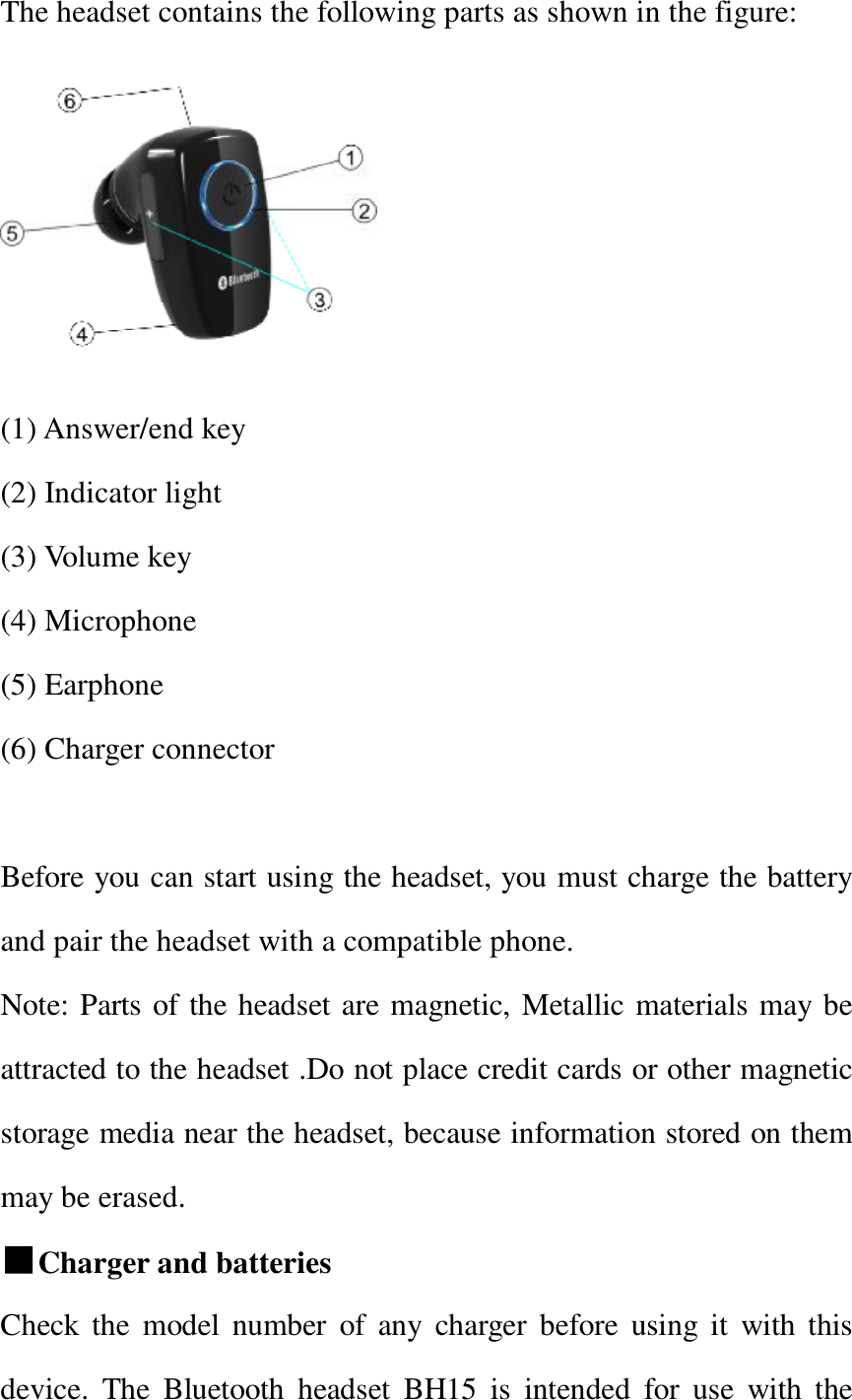   The headset contains the following parts as shown in the figure:  (1) Answer/end key  (2) Indicator light  (3) Volume key  (4) Microphone (5) Earphone   (6) Charger connector             Before you can start using the headset, you must charge the battery and pair the headset with a compatible phone. Note: Parts of the headset are magnetic, Metallic materials may be attracted to the headset .Do not place credit cards or other magnetic storage media near the headset, because information stored on them may be erased.                                       ■Charger and batteries              Check the model number of any charger before using it with this device. The Bluetooth headset BH15 is intended for use with the 