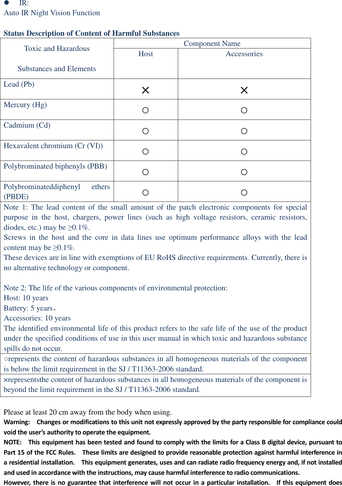  IR:   Auto IR Night Vision Function  Status Description of Content of Harmful Substances Toxic and Hazardous   Substances and Elements Component Name Host Accessories Lead (Pb) ×  × Mercury (Hg) ○ ○ Cadmium (Cd) ○ ○ Hexavalent chromium (Cr (VI)) ○ ○ Polybrominated biphenyls (PBB) ○ ○ Polybrominateddiphenyl  ethers (PBDE) ○ ○ Note  1:  The  lead  content  of  the  small  amount  of the  patch  electronic  components  for  special purpose  in  the  host,  chargers,  power  lines  (such  as  high  voltage  resistors,  ceramic  resistors, diodes, etc.) may be ≥0.1%.   Screws  in  the  host  and  the  core  in  data  lines  use  optimum  performance  alloys  with  the  lead content may be ≥0.1%. These devices are in line with exemptions of EU RoHS directive requirements. Currently, there is no alternative technology or component.  Note 2: The life of the various components of environmental protection:   Host: 10 years Battery: 5 years。 Accessories: 10 years The identified environmental life of this product refers to the safe life of the use of the product under the specified conditions of use in this user manual in which toxic and hazardous substance spills do not occur. ○represents the content of hazardous substances in all homogeneous materials of the component is below the limit requirement in the SJ / T11363-2006 standard. ×representsthe content of hazardous substances in all homogeneous materials of the component is beyond the limit requirement in the SJ / T11363-2006 standard.  Please at least 20 cm away from the body when using. Warning:    Changes or modifications to this unit not expressly approved by the party responsible for compliance could void the user’s authority to operate the equipment. NOTE:    This equipment has been tested and found to comply with the limits for a Class B digital device, pursuant to Part 15 of the FCC Rules.    These limits are designed to provide reasonable protection against harmful interference in a residential installation.    This equipment generates, uses and can radiate radio frequency energy and, if not installed and used in accordance with the instructions, may cause harmful interference to radio communications. However, there is no guarantee  that  interference will  not occur in a particular installation.    If  this equipment does 