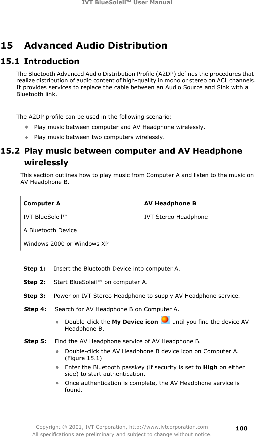 IVT BlueSoleil™ User Manual Copyright © 2001, IVT Corporation, http://www.ivtcorporation.com All specifications are preliminary and subject to change without notice. 100 15 Advanced Audio Distribution 15.1 Introduction The Bluetooth Advanced Audio Distribution Profile (A2DP) defines the procedures that realize distribution of audio content of high-quality in mono or stereo on ACL channels. It provides services to replace the cable between an Audio Source and Sink with a Bluetooth link.   The A2DP profile can be used in the following scenario: Play music between computer and AV Headphone wirelessly.  Play music between two computers wirelessly.  15.2 Play music between computer and AV Headphone wirelesslyThis section outlines how to play music from Computer A and listen to the music on AV Headphone B.   Computer A AV Headphone B IVT BlueSoleil! IVT Stereo Headphone A Bluetooth Device  Windows 2000 or Windows XP   Step 1:  Insert the Bluetooth Device into computer A. Step 2:  Start BlueSoleil! on computer A. Step 3:  Power on IVT Stereo Headphone to supply AV Headphone service. Step 4:  Search for AV Headphone B on Computer A. Double-click the My Device icon  until you find the device AV Headphone B. Step 5:  Find the AV Headphone service of AV Headphone B. Double-click the AV Headphone B device icon on Computer A. (Figure 15.1) Enter the Bluetooth passkey (if security is set to High on either side) to start authentication. Once authentication is complete, the AV Headphone service is found. 