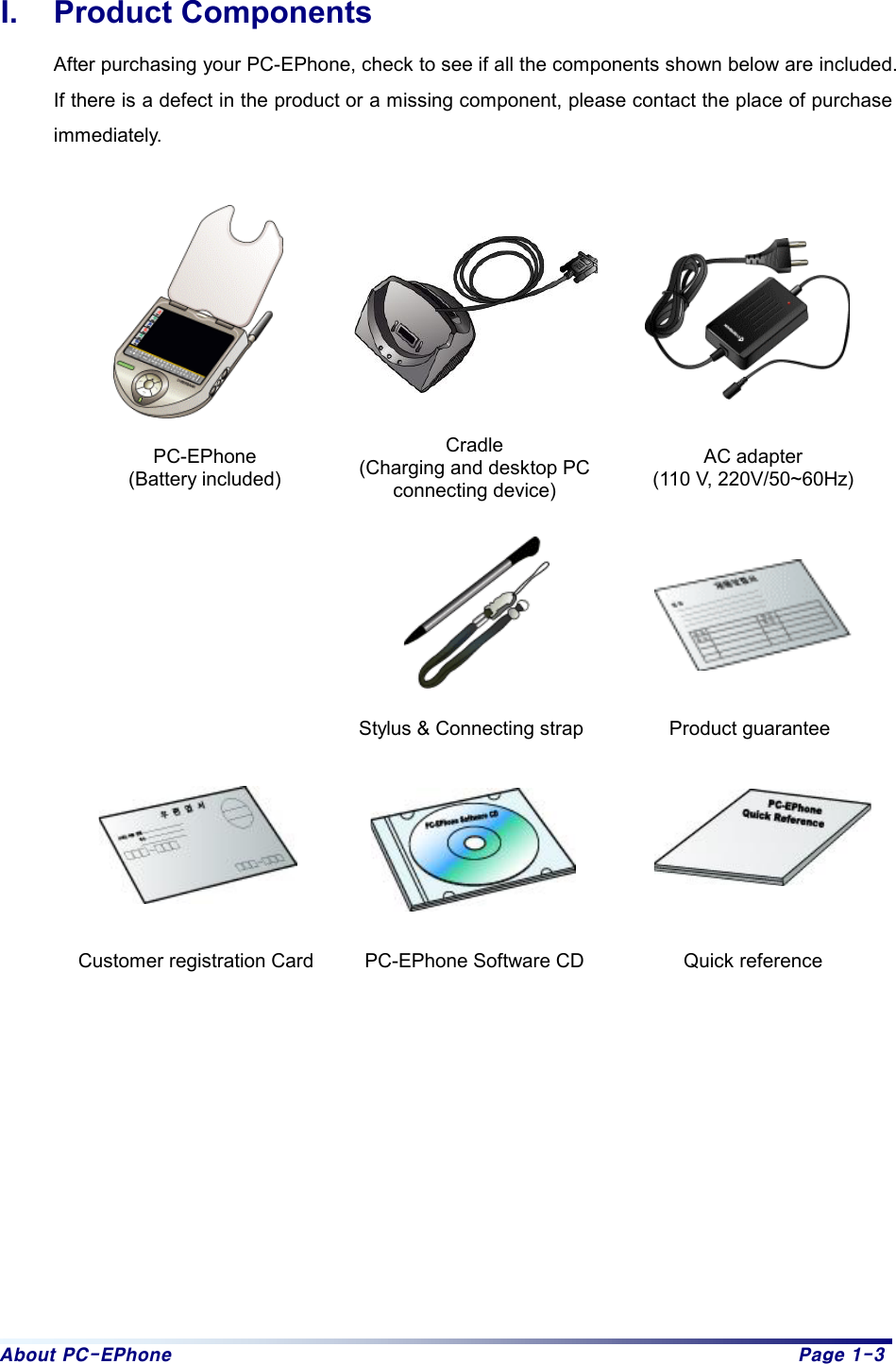 About PC-EPhone  Page 1-3 I. Product Components After purchasing your PC-EPhone, check to see if all the components shown below are included. If there is a defect in the product or a missing component, please contact the place of purchase immediately.      PC-EPhone (Battery included) Cradle (Charging and desktop PC connecting device) AC adapter (110 V, 220V/50~60Hz)      Stylus &amp; Connecting strap Product guarantee       Customer registration Card  PC-EPhone Software CD  Quick reference          