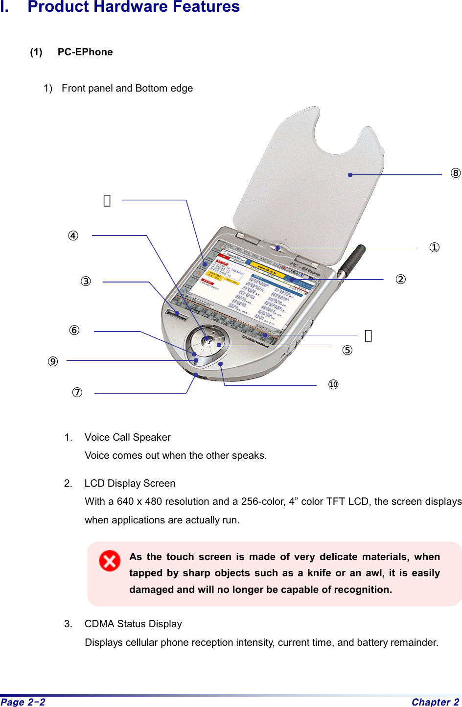 Page 2-2  Chapter 2 I.  Product Hardware Features  (1) PC-EPhone  1)  Front panel and Bottom edge                   1.  Voice Call Speaker Voice comes out when the other speaks. 2.  LCD Display Screen   With a 640 x 480 resolution and a 256-color, 4” color TFT LCD, the screen displays when applications are actually run. As the touch screen is made of very delicate materials, when tapped by sharp objects such as a knife or an awl, it is easily damaged and will no longer be capable of recognition.  3.  CDMA Status Display Displays cellular phone reception intensity, current time, and battery remainder.  ⑪⑧①②⑤④③⑥⑨⑦⑩⑫