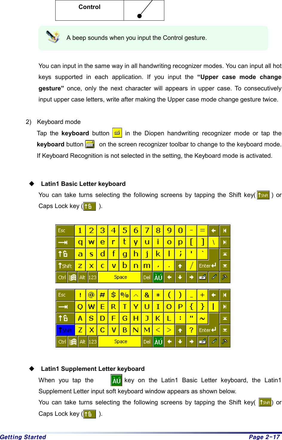 Getting Started  Page 2-17 Control    A beep sounds when you input the Control gesture.  You can input in the same way in all handwriting recognizer modes. You can input all hot keys supported in each application. If you input the “Upper case mode change gesture” once, only the next character will appears in upper case. To consecutively input upper case letters, write after making the Upper case mode change gesture twice.  2) Keyboard mode Tap the keyboard button     in the Diopen handwriting recognizer mode or tap the keyboard button          on the screen recognizer toolbar to change to the keyboard mode. If Keyboard Recognition is not selected in the setting, the Keyboard mode is activated.   Latin1 Basic Letter keyboard You can take turns selecting the following screens by tapping the Shift key(     ) or Caps Lock key (     ).      Latin1 Supplement Letter keyboard When you tap the        key on the Latin1 Basic Letter keyboard, the Latin1 Supplement Letter input soft keyboard window appears as shown below.   You can take turns selecting the following screens by tapping the Shift key(     ) or Caps Lock key (     ).  