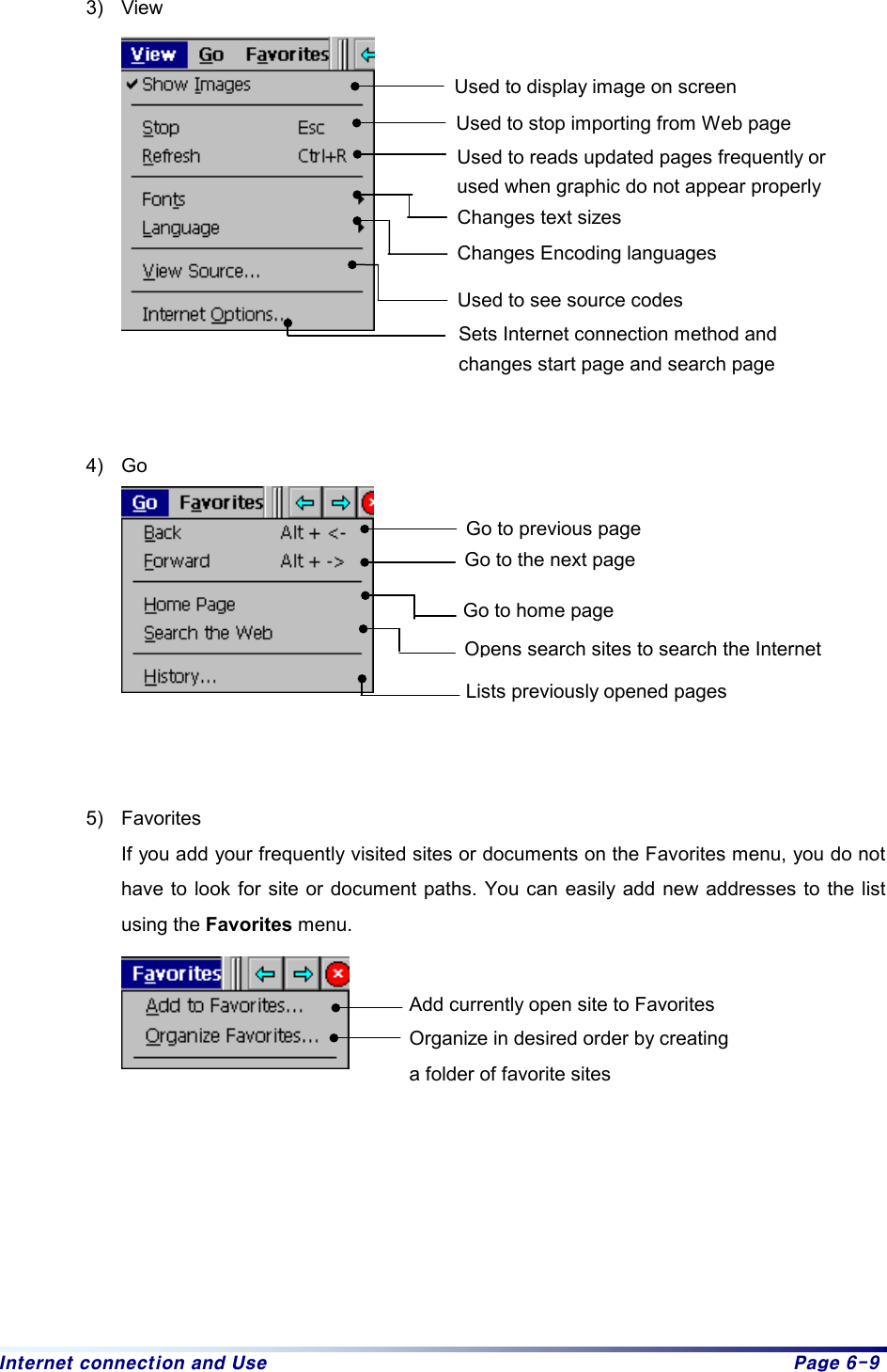 Internet connection and Use  Page 6-9 3) View     4) Go     5) Favorites If you add your frequently visited sites or documents on the Favorites menu, you do not have to look for site or document paths. You can easily add new addresses to the list using the Favorites menu.         Used to stop importing from Web page Used to see source codes Sets Internet connection method and   changes start page and search page Used to reads updated pages frequently or used when graphic do not appear properly   Changes text sizes Used to display image on screen Changes Encoding languages Add currently open site to Favorites Organize in desired order by creating a folder of favorite sites Go to previous page Go to the next page Go to home page Opens search sites to search the Internet Lists previously opened pages 