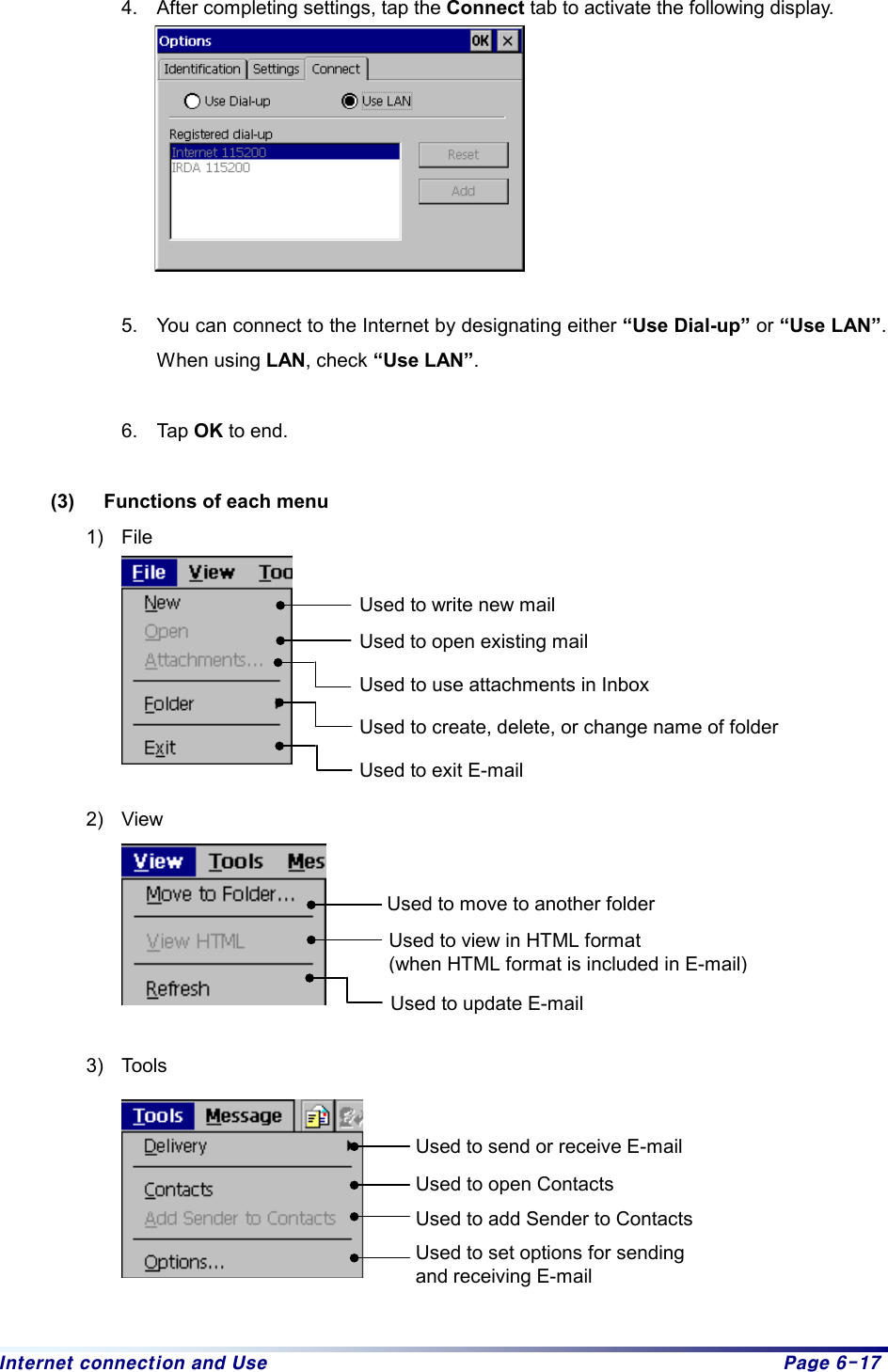 Internet connection and Use  Page 6-17 4.  After completing settings, tap the Connect tab to activate the following display.     5.  You can connect to the Internet by designating either “Use Dial-up” or “Use LAN”. When using LAN, check “Use LAN”.  6. Tap OK to end.    (3)  Functions of each menu 1) File   2) View   3) Tools   Used to write new mail Used to open existing mail Used to use attachments in Inbox Used to create, delete, or change name of folder   Used to move to another folder Used to view in HTML format (when HTML format is included in E-mail) Used to update E-mail Used to send or receive E-mail Used to open Contacts Used to add Sender to Contacts   Used to set options for sending and receiving E-mail Used to exit E-mail 